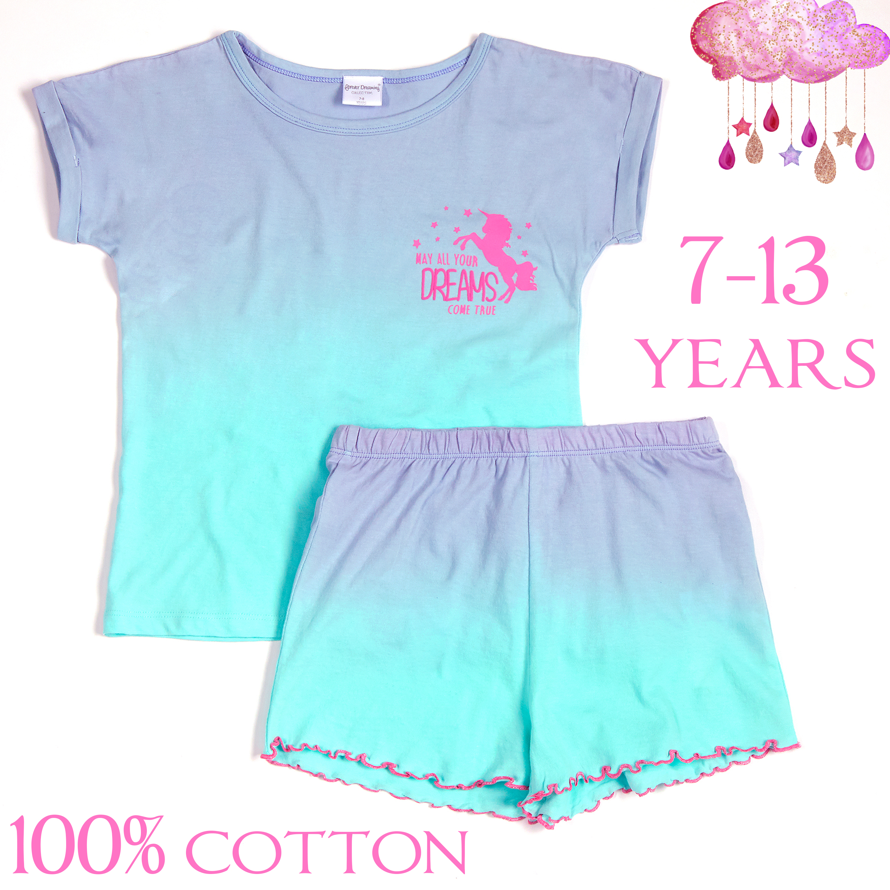 Girls Kids Short Pyjamas Short Sleeve PJs Set 100% Cotton Summer Gradient Design - Picture 2 of 13