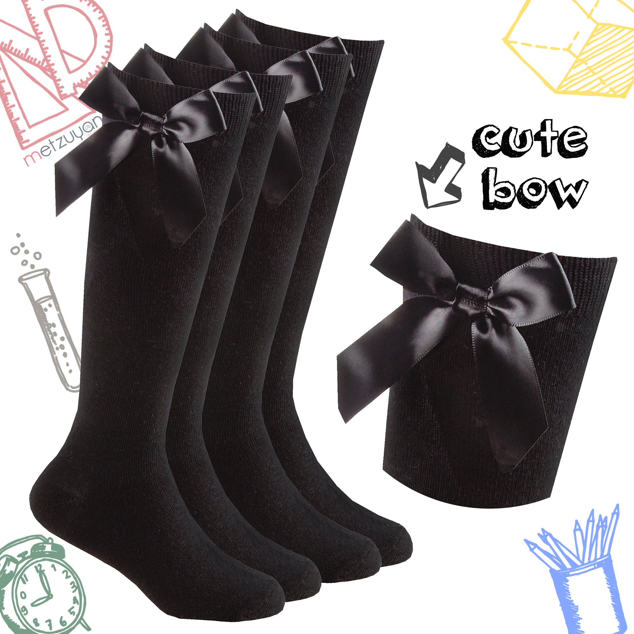 2 Pairs Kids Girls High Knee Socks Bow Back to School 6-8.5 9-12 12.5-3.5 4-5.5 - Picture 8 of 14