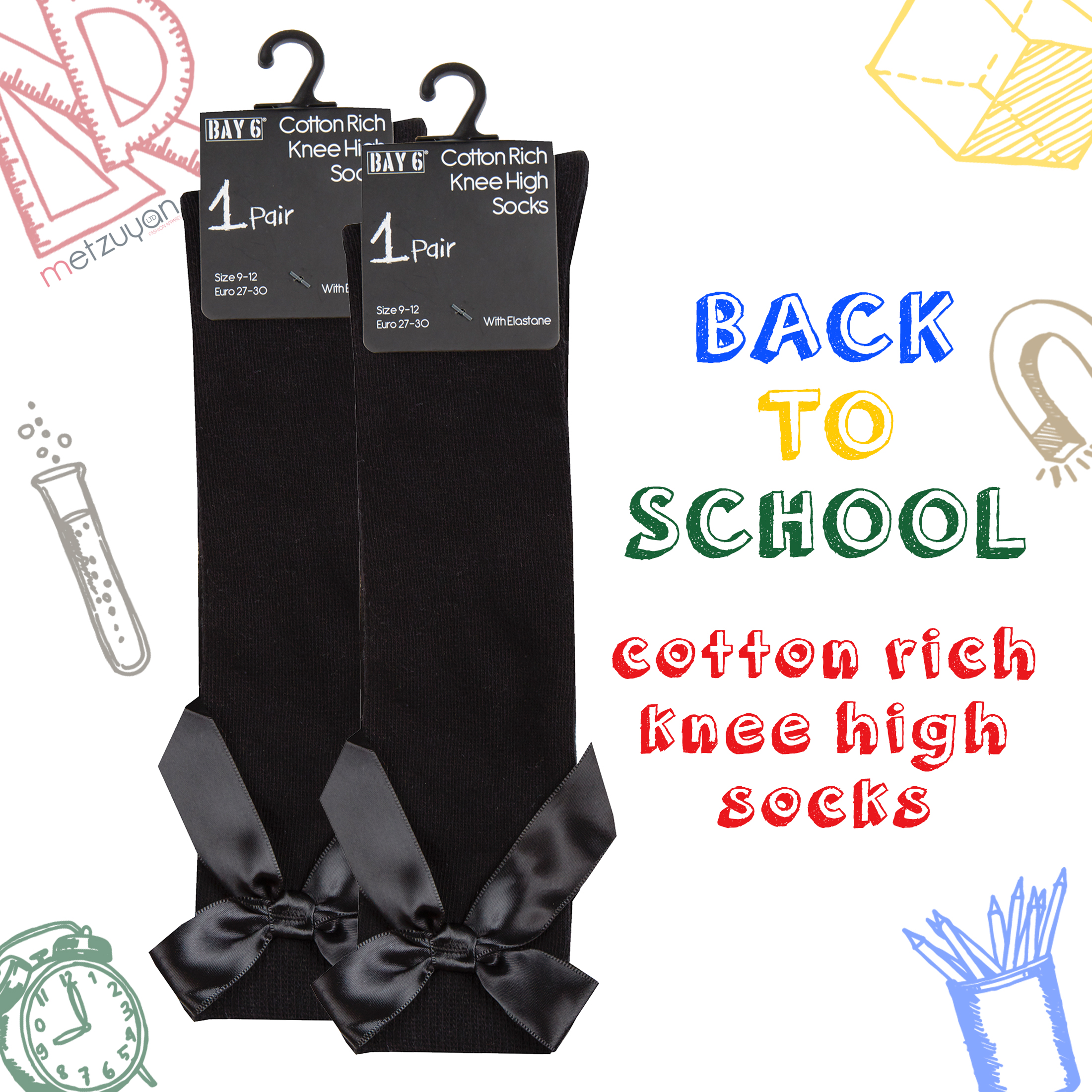 2 Pairs Kids Girls High Knee Socks Bow Back to School 6-8.5 9-12 12.5-3.5 4-5.5 - Picture 7 of 14