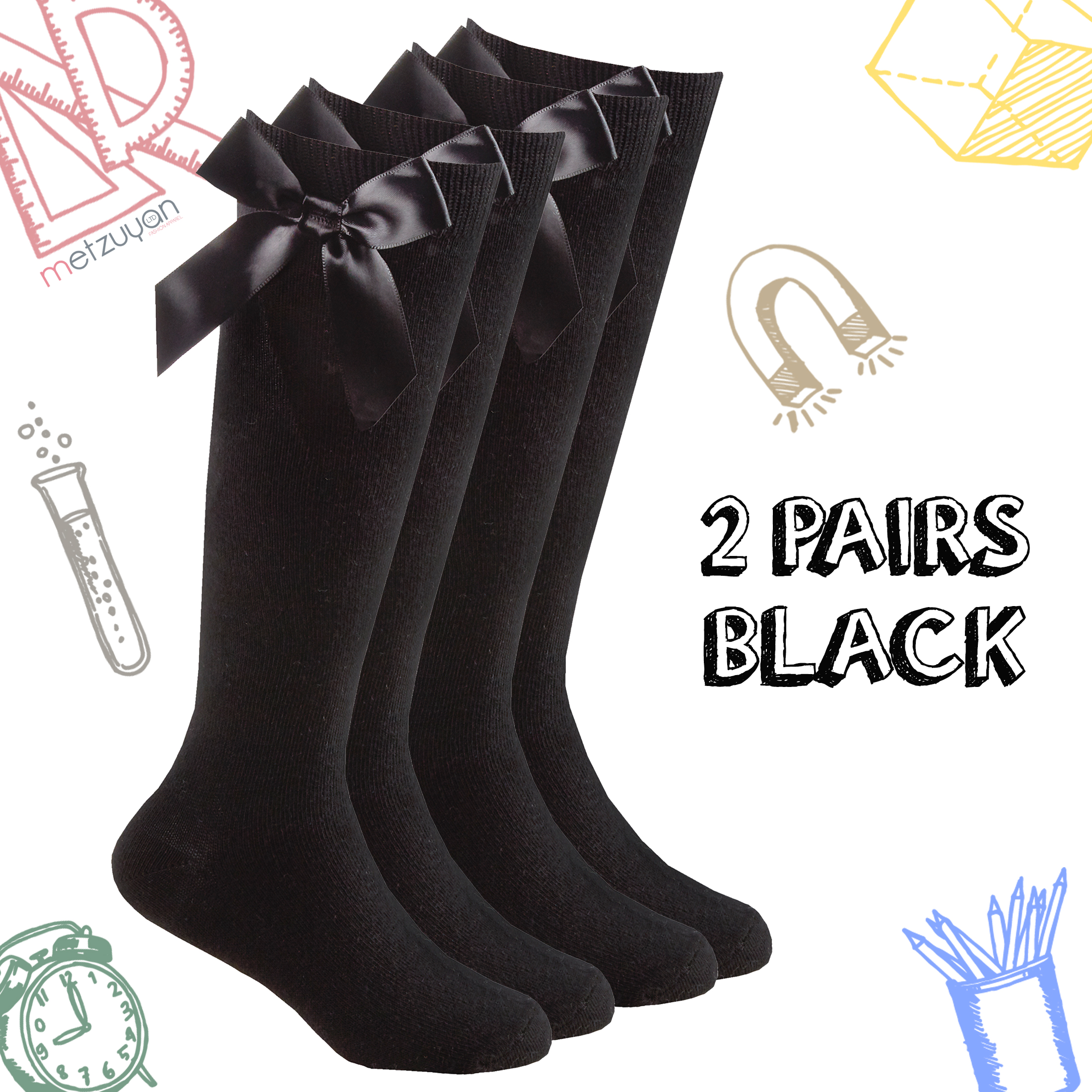 2 Pairs Kids Girls High Knee Socks Bow Back to School 6-8.5 9-12 12.5-3.5 4-5.5 - Picture 6 of 14