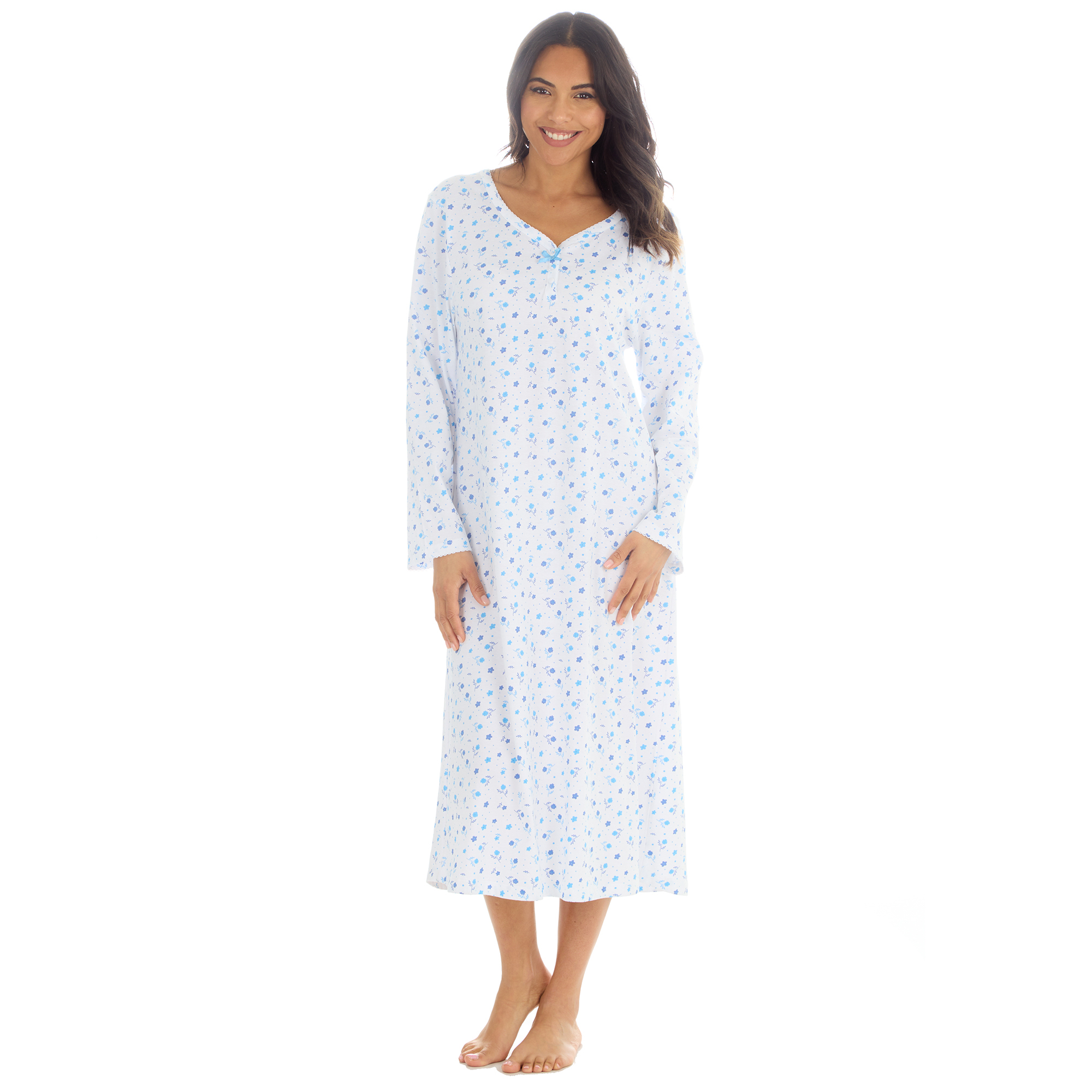 Ladies Long Sleeve 100% Cotton Nightie Floral Longline Nightdress PJs Nightshirt