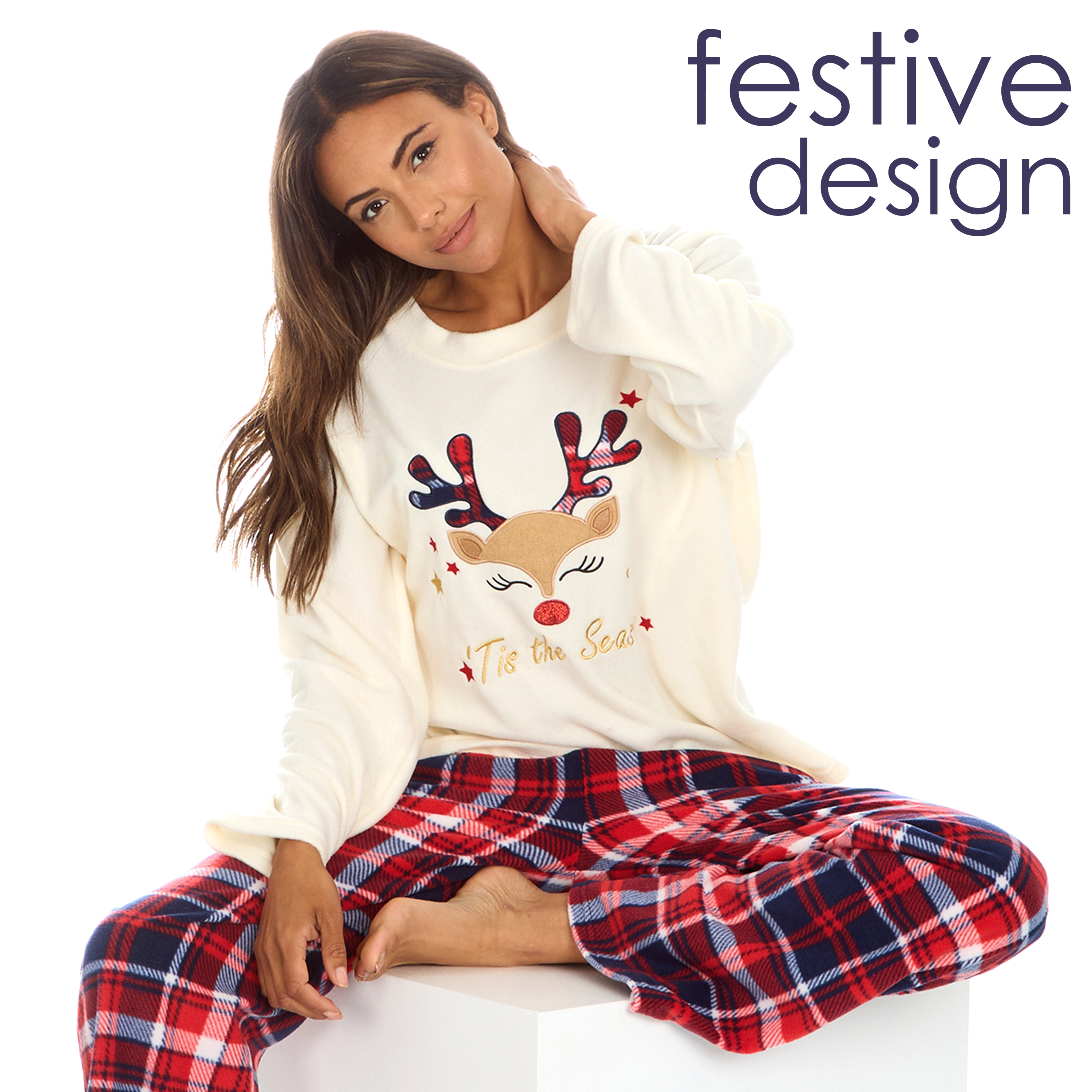 Womens Fleece Pyjama Set Reindeer Tartan Check Warm Pyjamas Full Length S-XL  UK