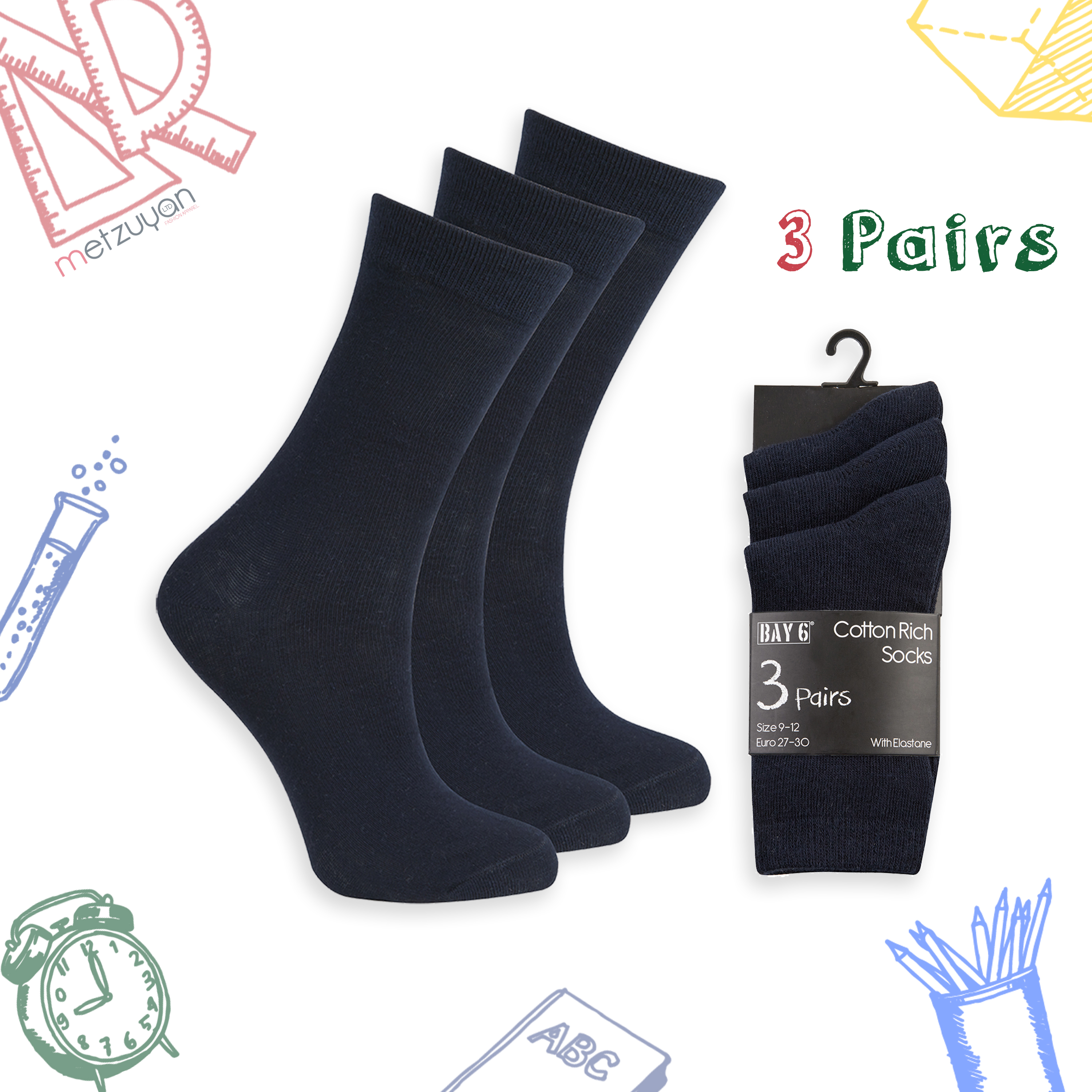 Childrens Unisex Plain Cotton Back to School Socks Blk/Gry/Nvy/Wht 3-6-9-12Pairs 