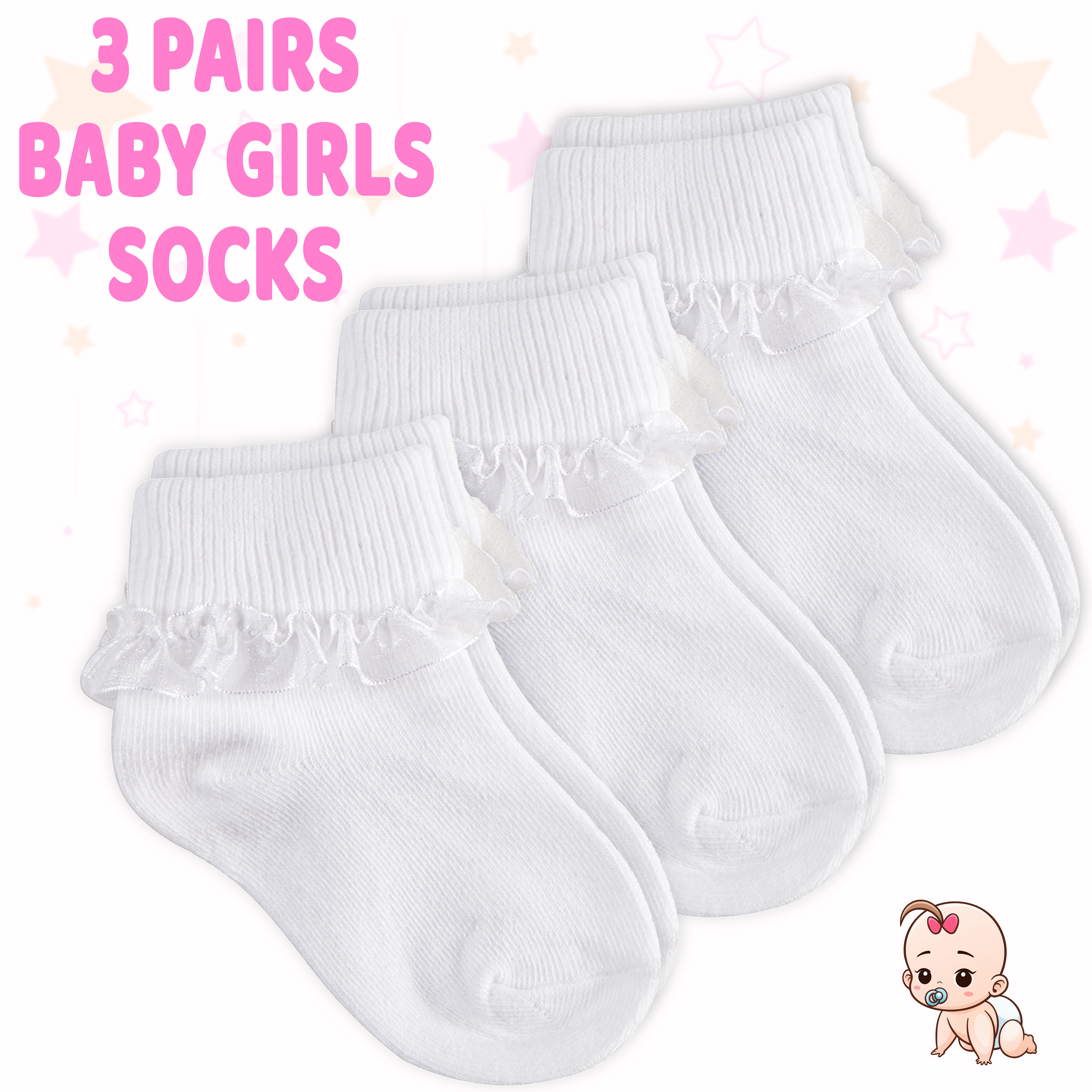 6 PAIR of GIRLS WHITE TURN OVER TOP ANKLE SOCKS Frilly Lace Trims 