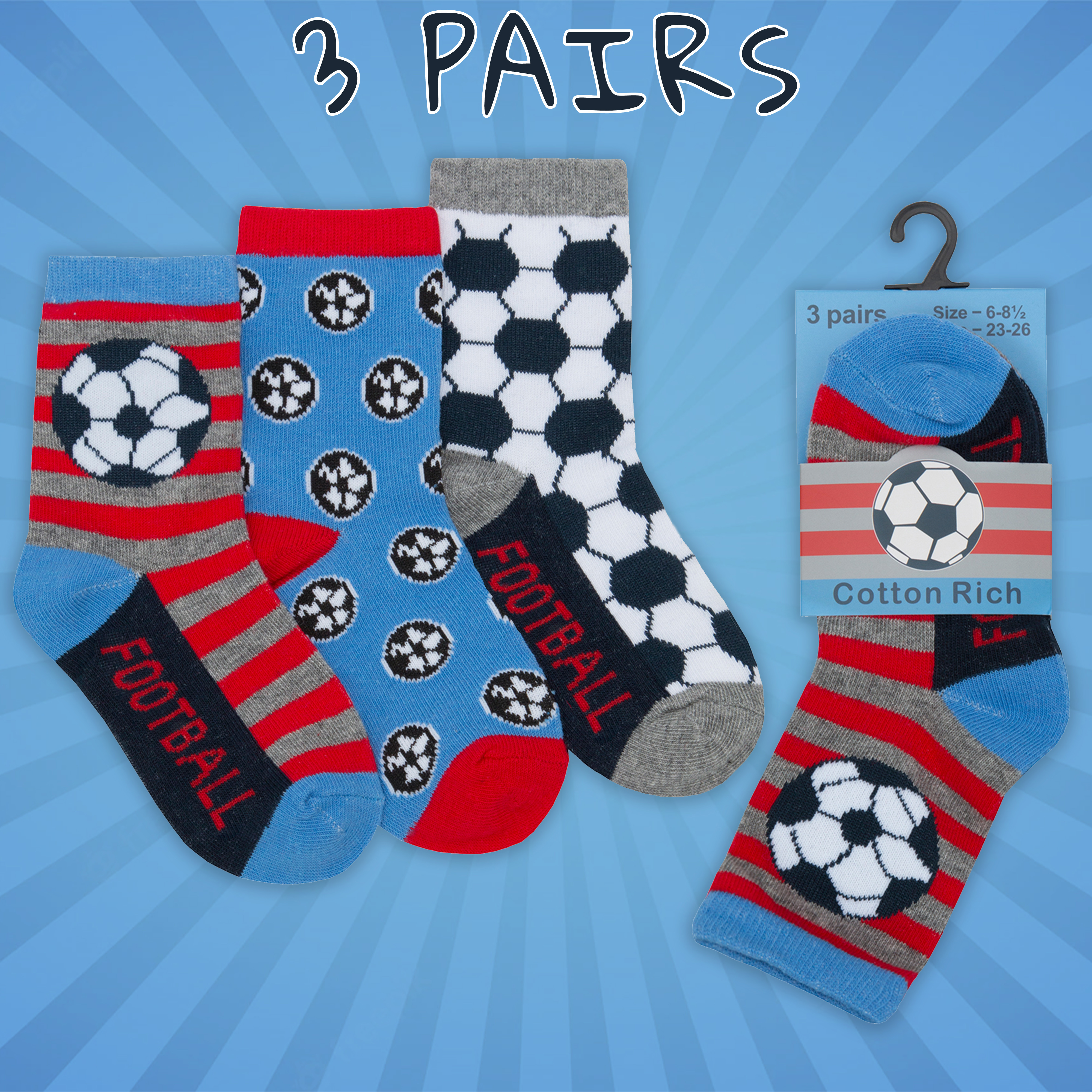 Childrens 3 Pack of Cotton Rich Novelty Football Design Socks 