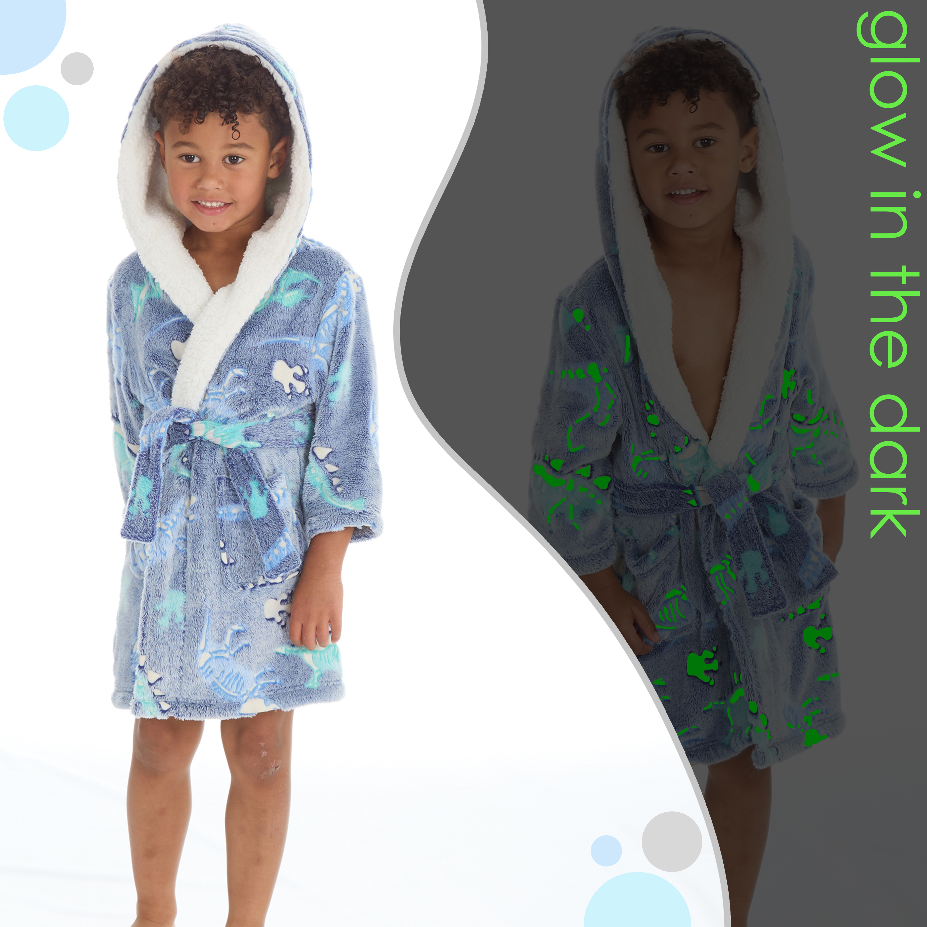 Glow in the Dark Boys Fleece Hooded Dressing Gown Dinosaurs Print