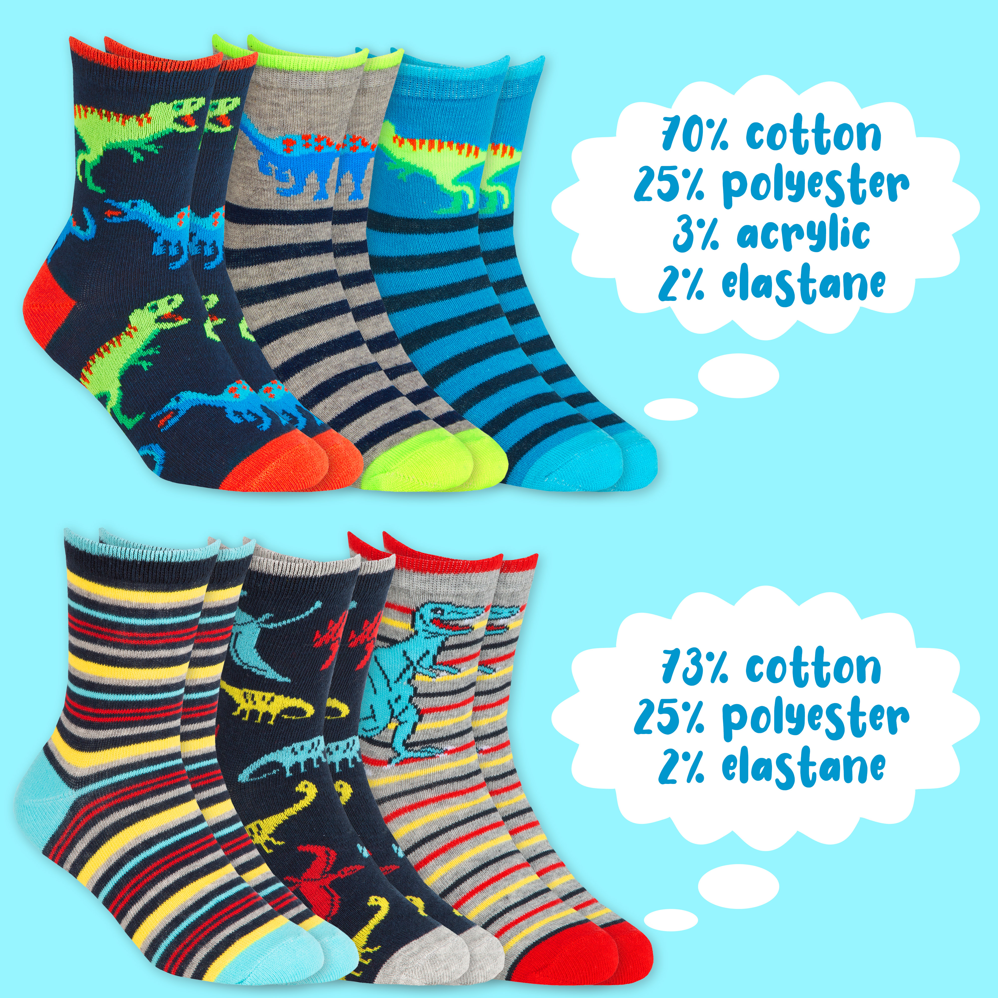 Kids Boys 6 Pairs Crew Socks Cotton Rich Novelty Cartoon Print Mid Calf Sock Set - Picture 38 of 43