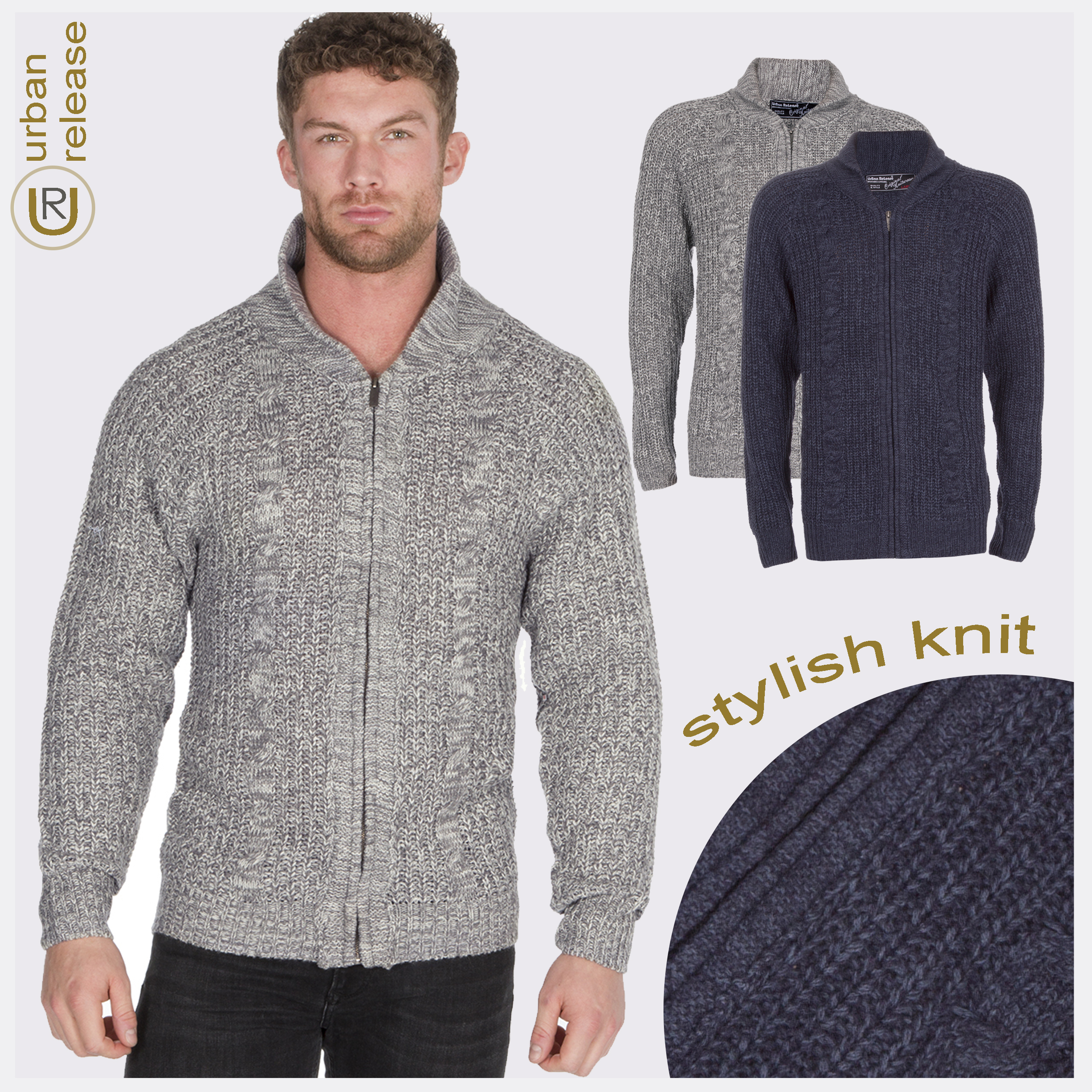 mens chunky knit zip up cardigan