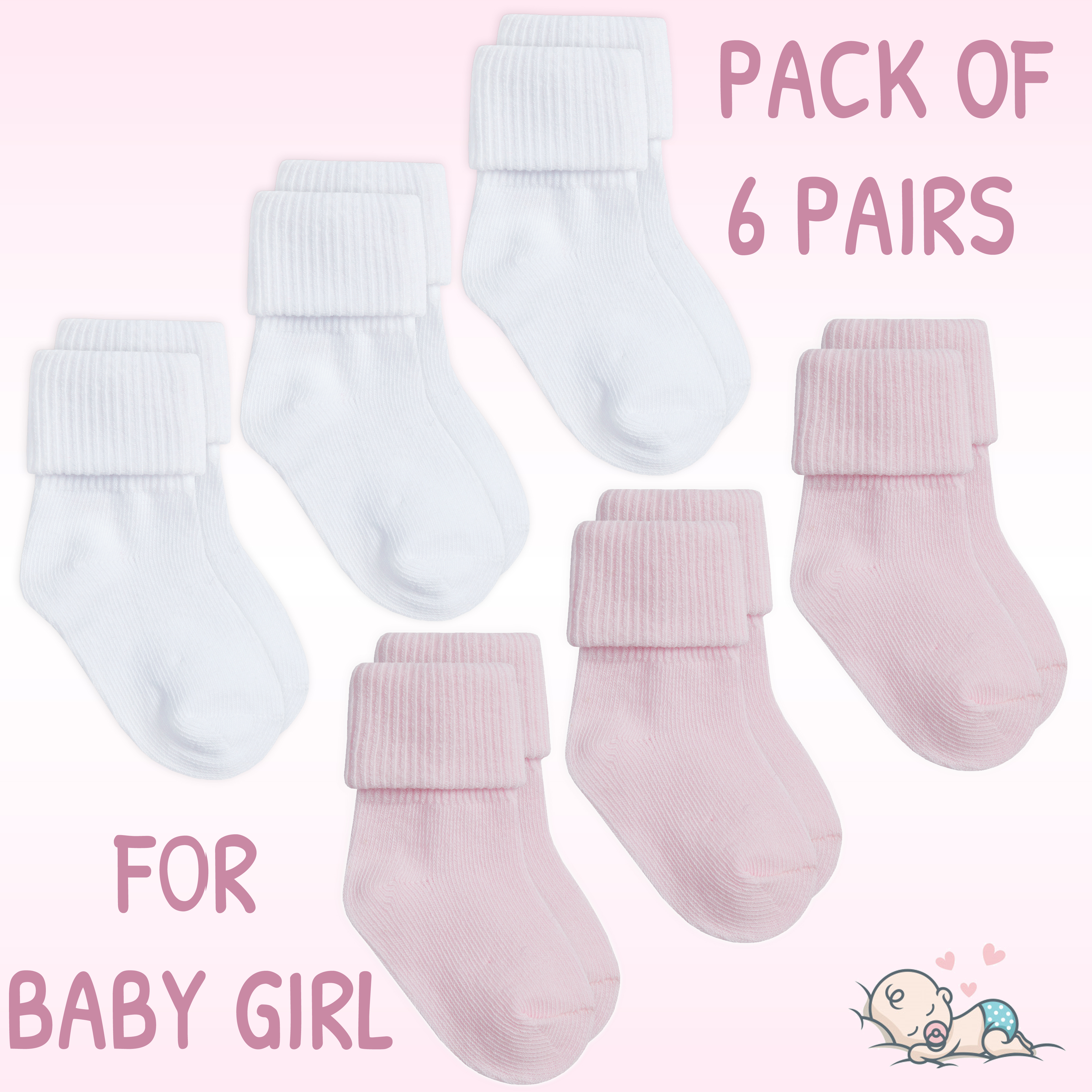 6 Pairs Of Soft Baby Socks Everyday Wear Plain Pink & Mint Green Turn Over Socks 