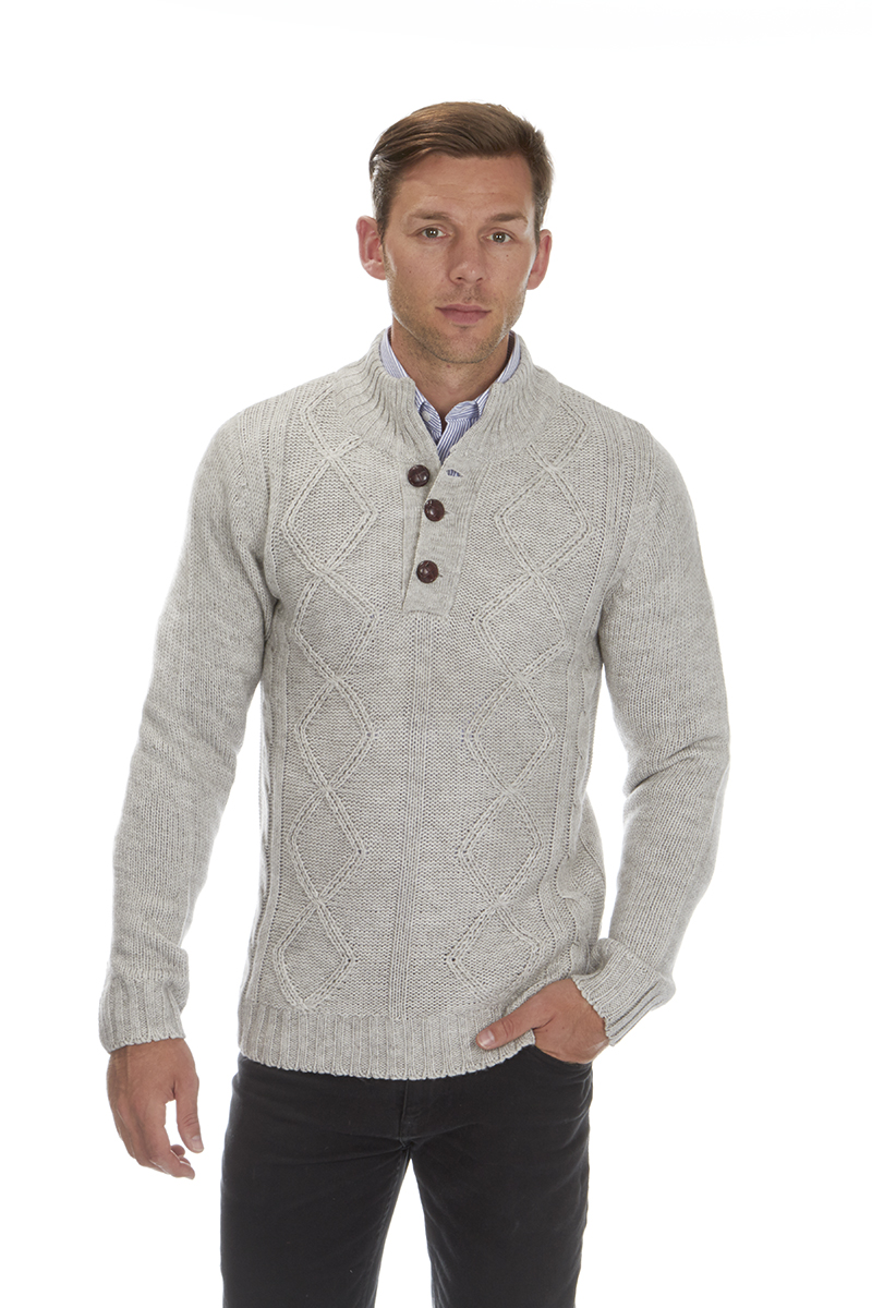 URBAN REVIVAL Mens Chunky Cable Knit Jumper Button Up Neck Sweater ...