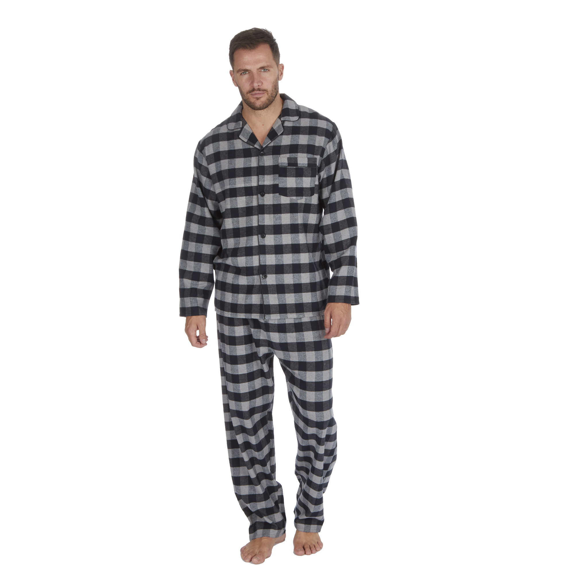 Mens PJ Cotton Yarn Flannel Checked Pyjama Set Chest Pocket Long Sleeve ...