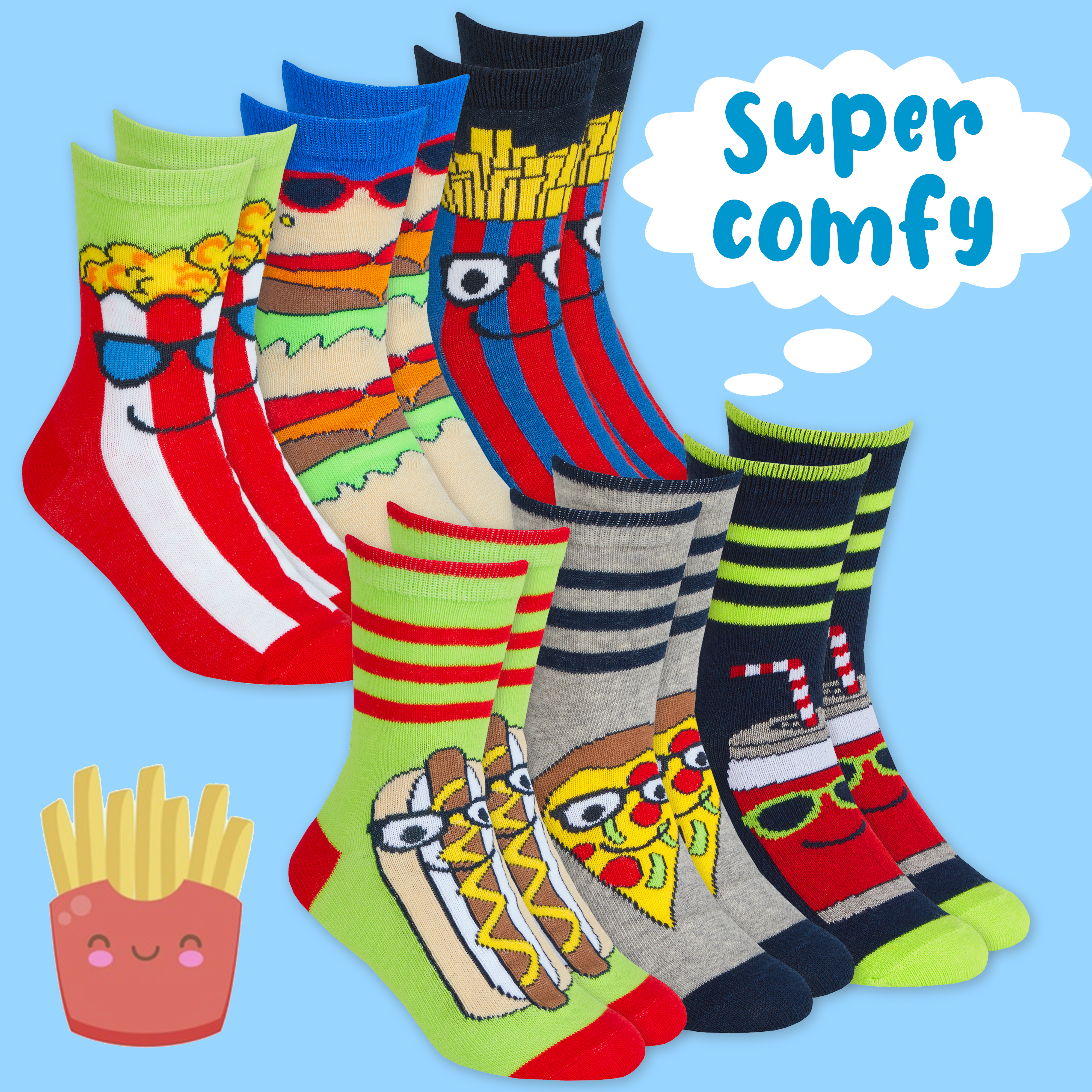Kids Boys 6 Pairs Crew Socks Cotton Rich Novelty Cartoon Print Mid Calf Sock Set - Picture 36 of 43