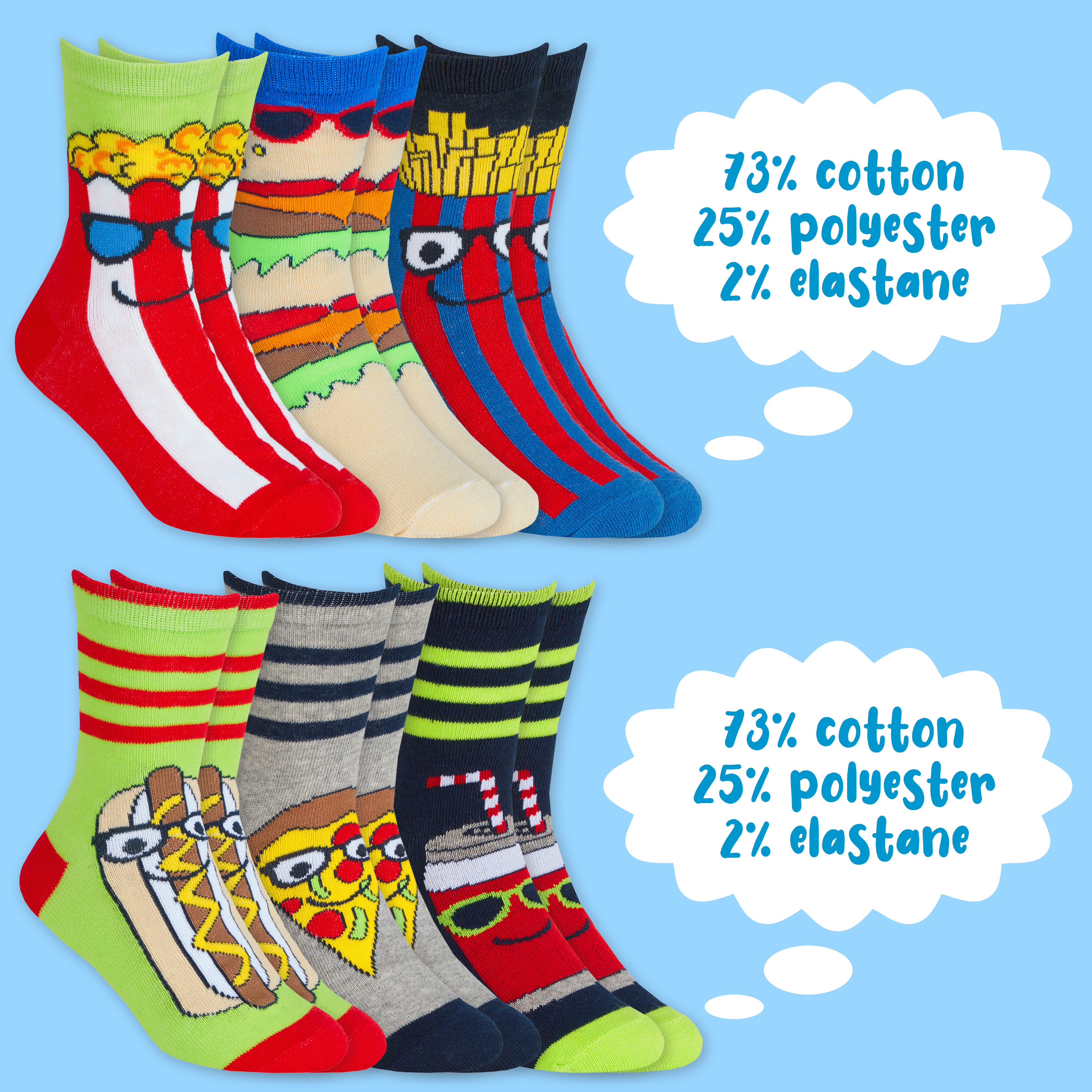 Kids Boys 6 Pairs Crew Socks Cotton Rich Novelty Cartoon Print Mid Calf Sock Set - Picture 35 of 43
