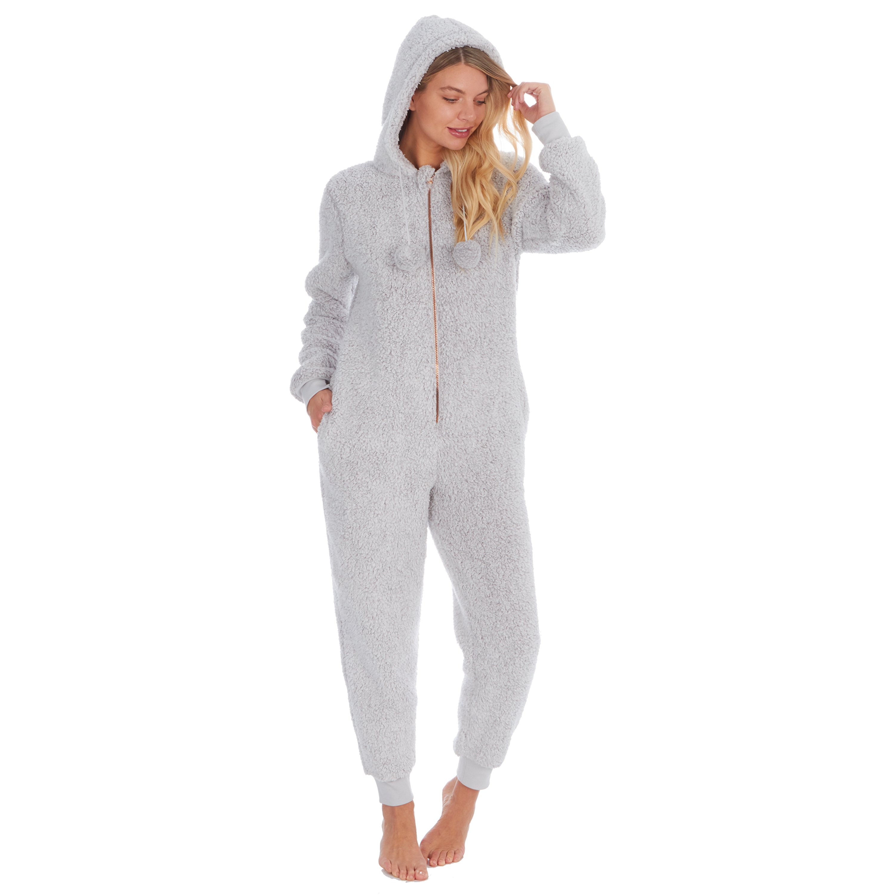 Womens Ladies 2Onesie Borg Chunky Jumpsuit Playsuit Pjs with Hood Full ...