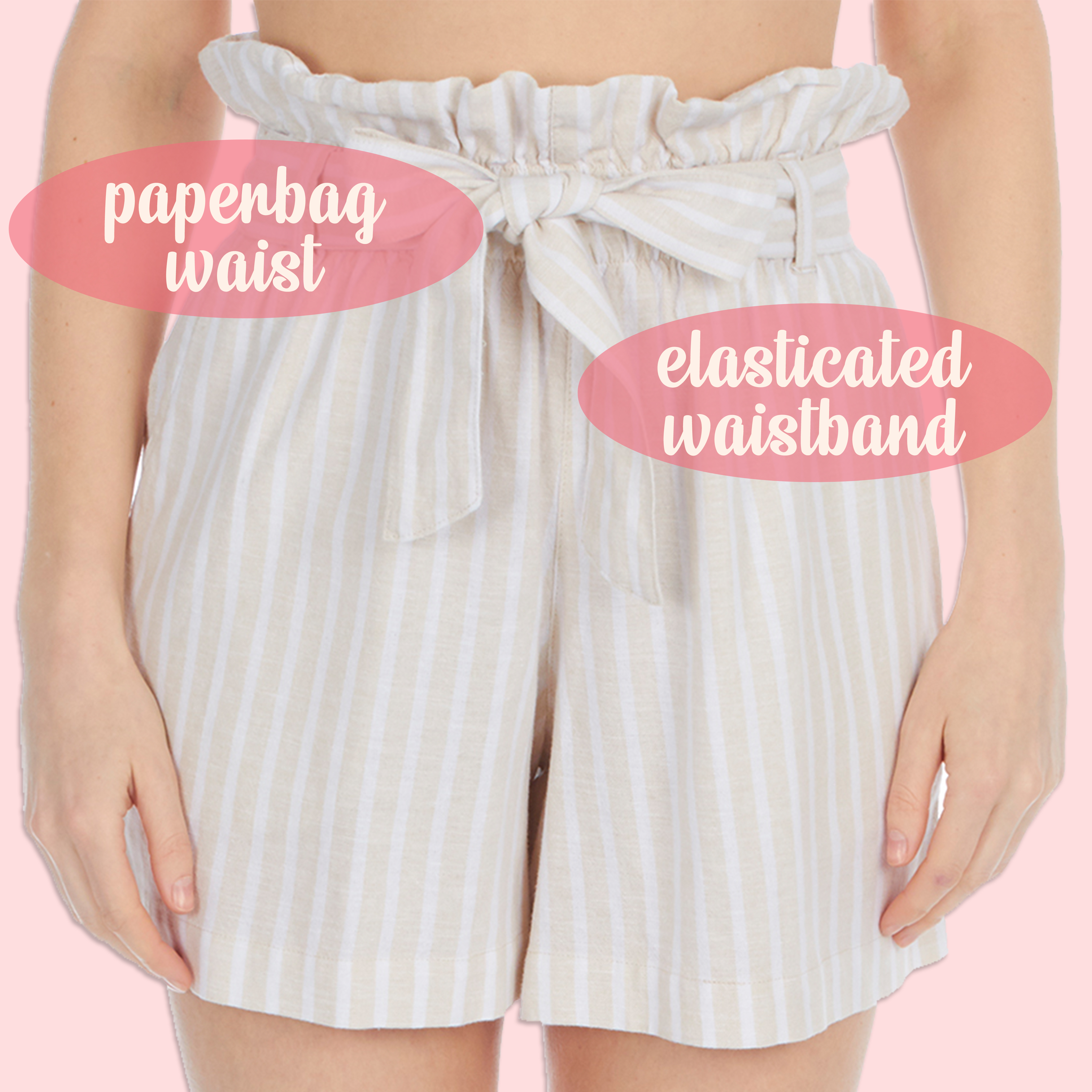 Ladies Womens High Waist Linen Blend Paperbag Elastic Shorts Tie Belt Size 10-20 | eBay