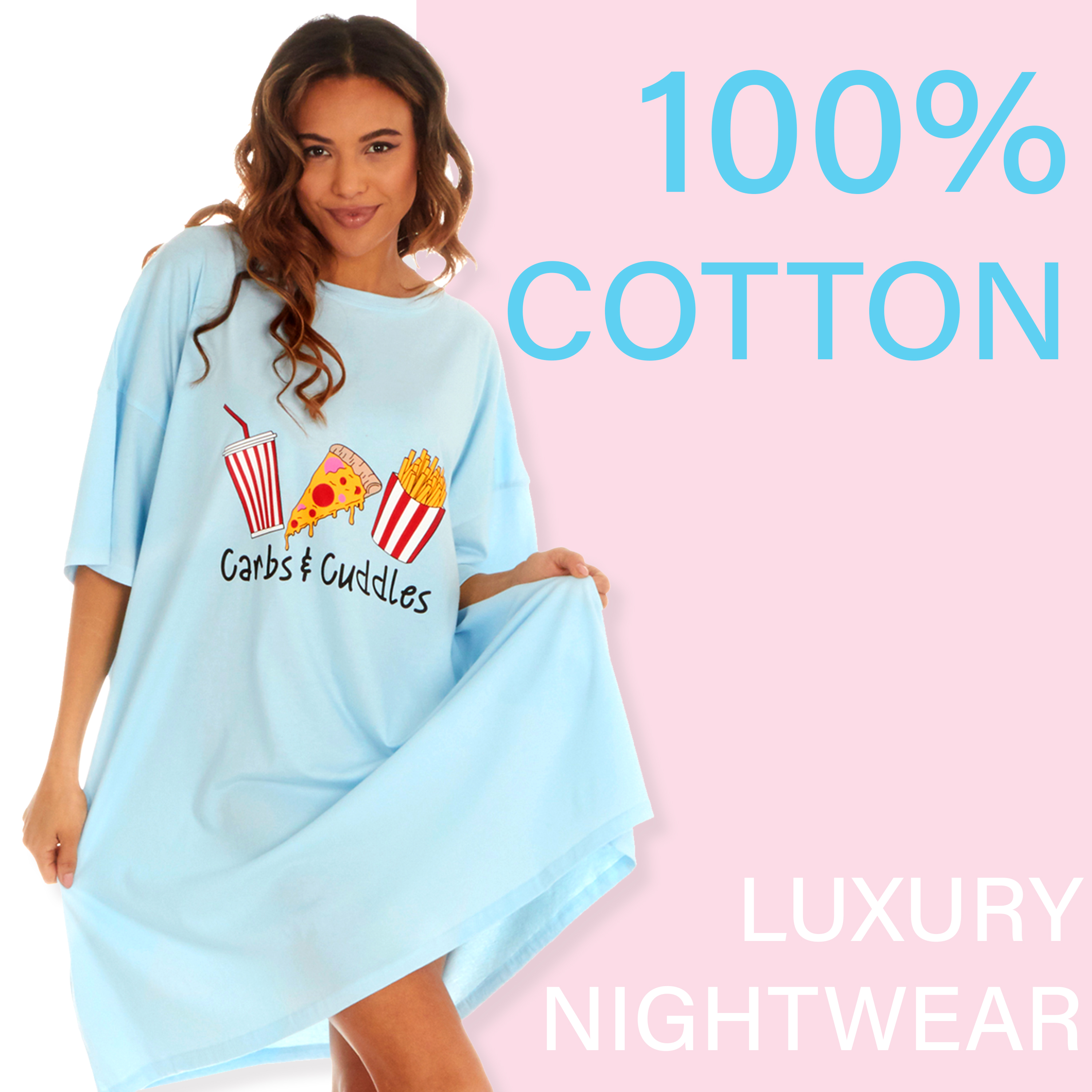 Womens Oversized Slogan Sleep T-Shirt Blue 100% Cotton Nightshirt Pyjama  Tee NEW