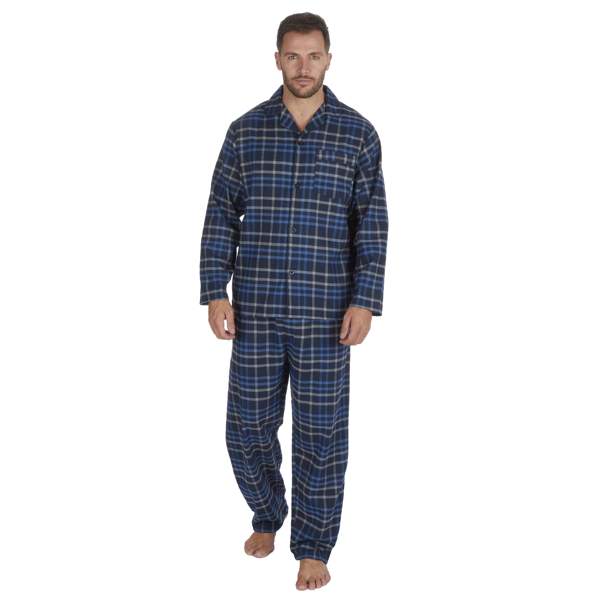 Mens PJ Cotton Yarn Flannel Checked Pajama Set Chest Pocket Long Sleeve ...