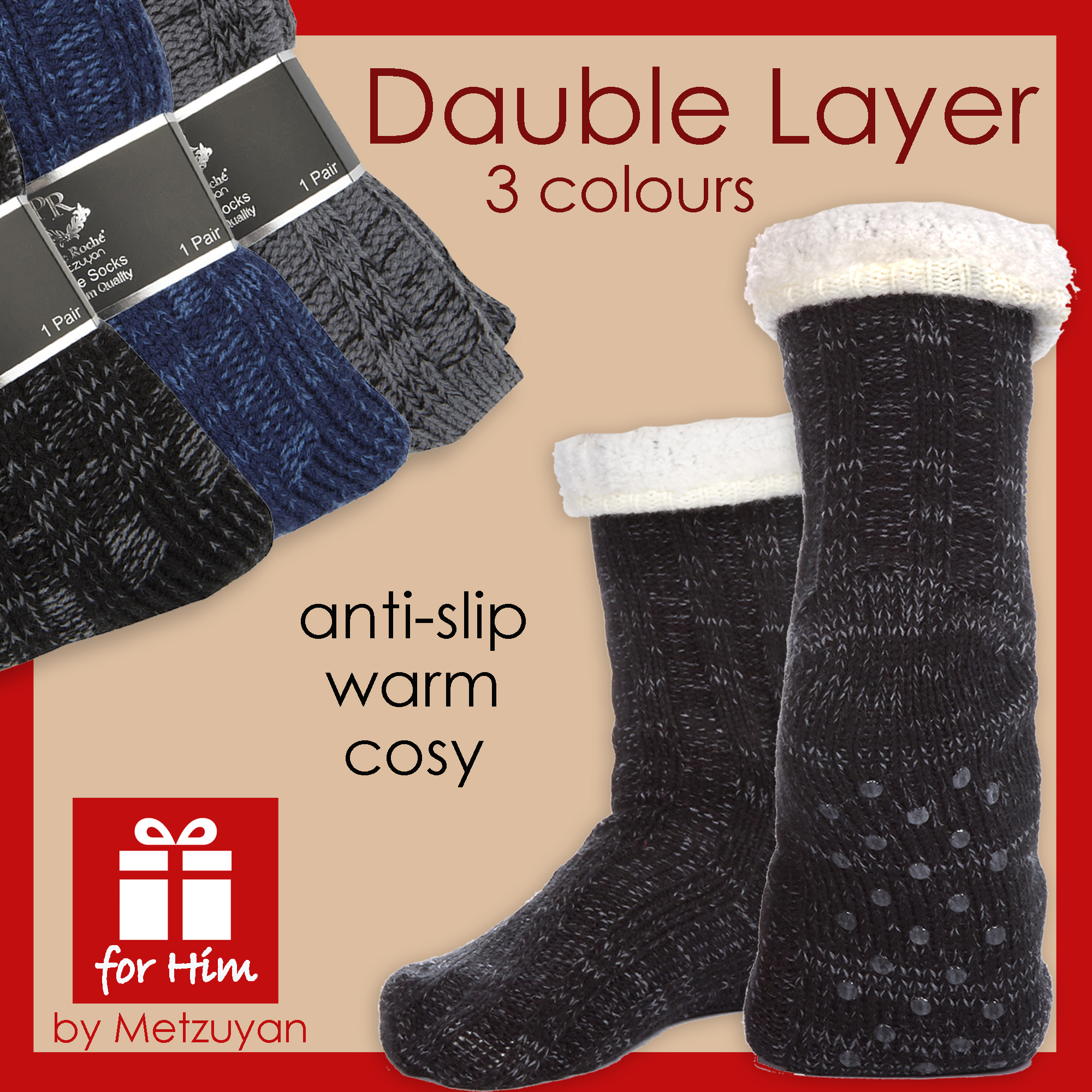Mens 3 Pairs Slipper Gripper Thermal Socks Non Slip Silicone Grip Winter Warm