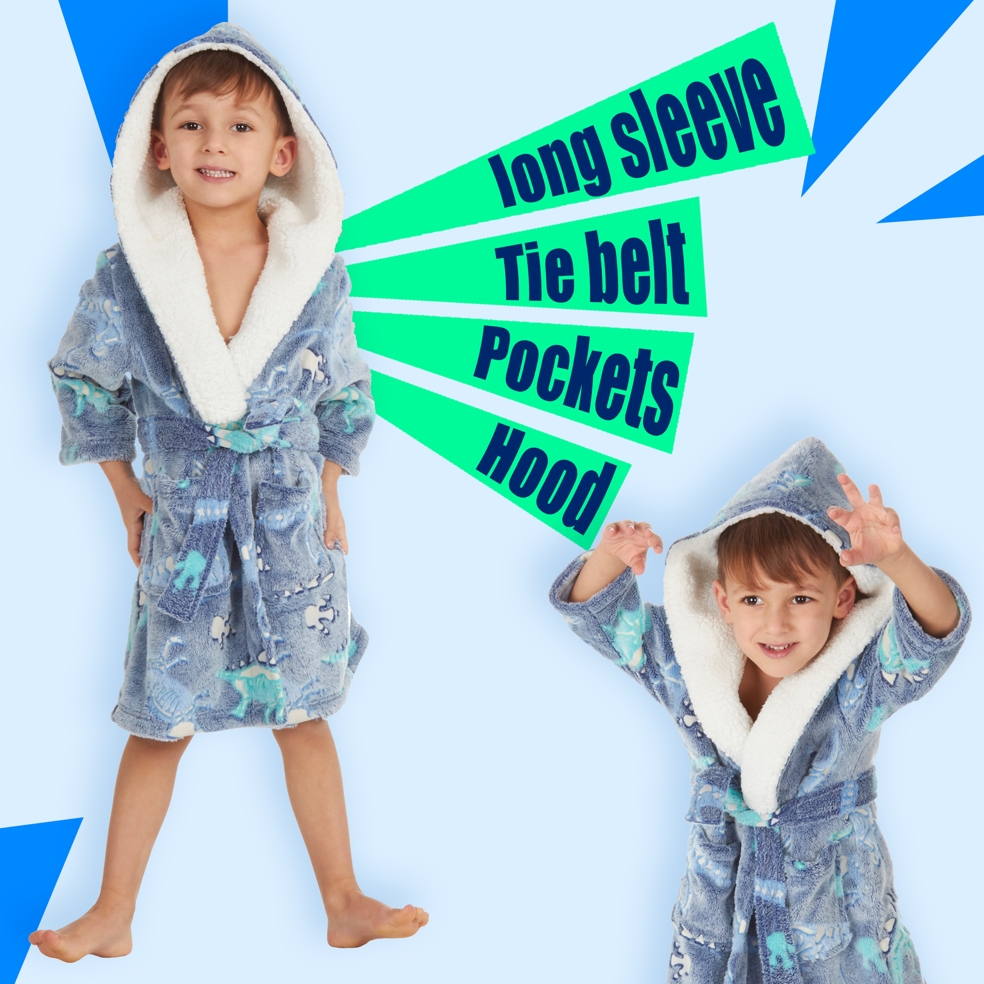 Kids Boys Dino Dressing Gown Toddler Robe Dragon Glow In The Dark Size 2-13  Year - Main Image