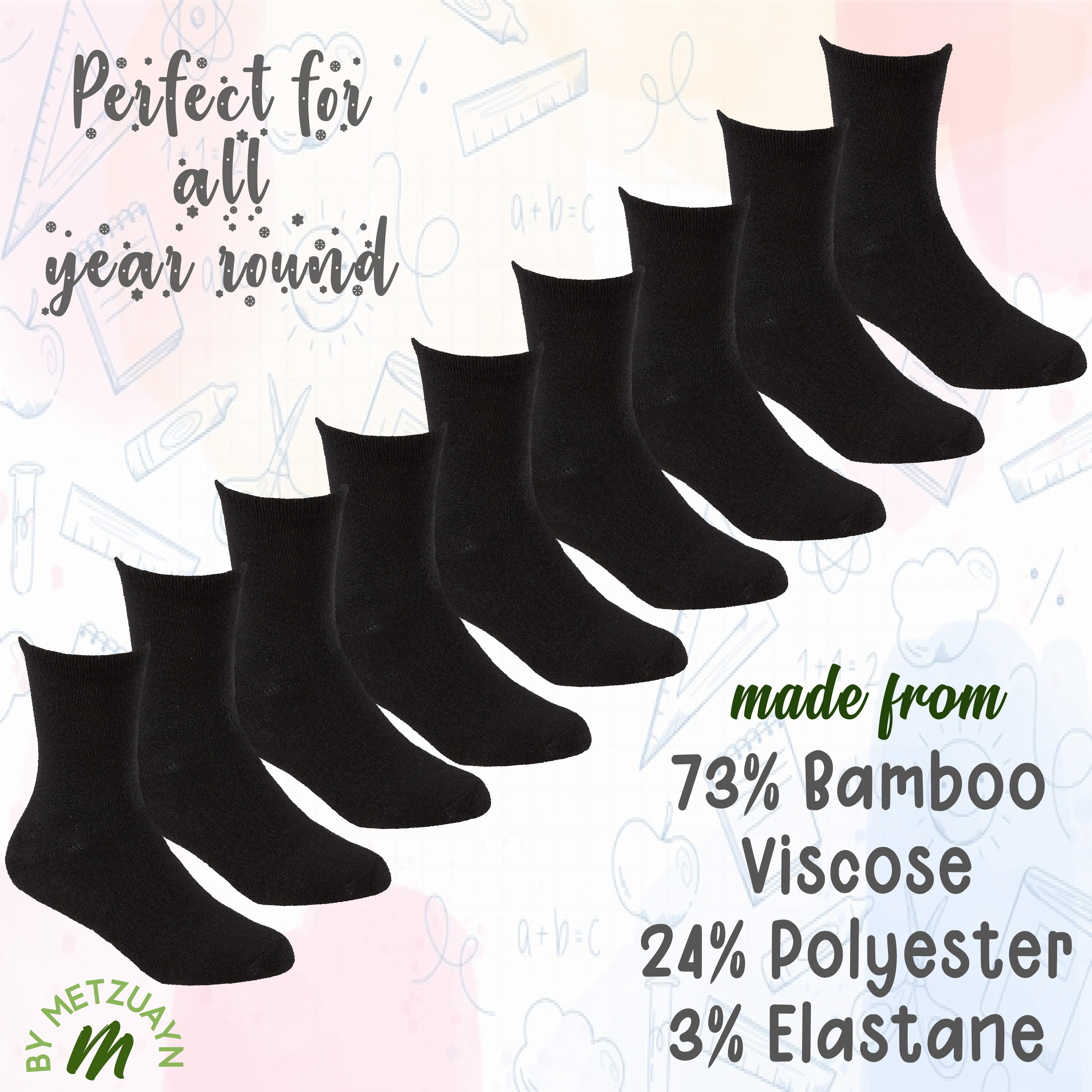 9 Pairs Kids Girls Boys Unisex Natural Bamboo Crew Everyday Back To School Socks - Picture 15 of 18