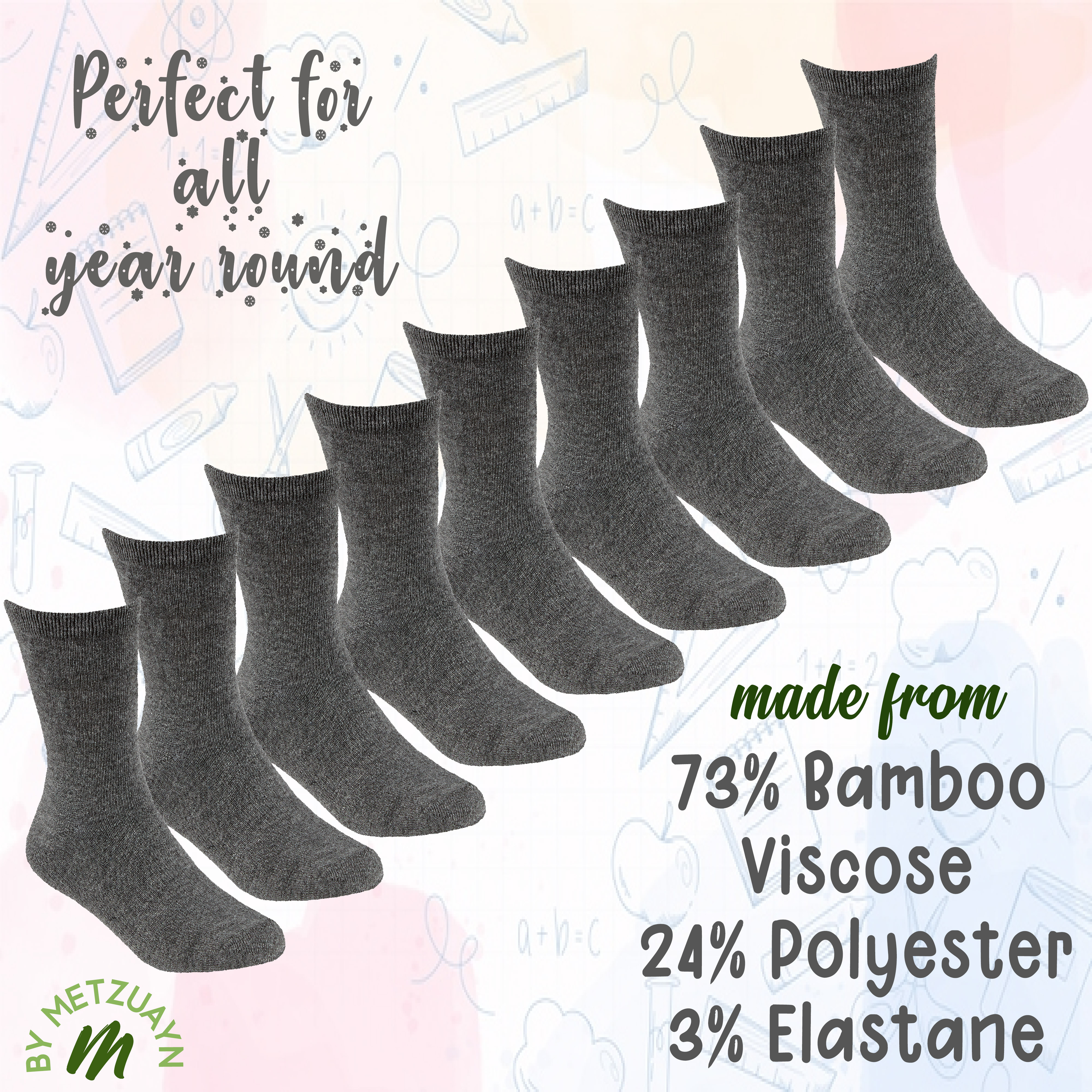 9 Pairs Kids Girls Boys Unisex Natural Bamboo Crew Everyday Back To School Socks - Picture 3 of 18
