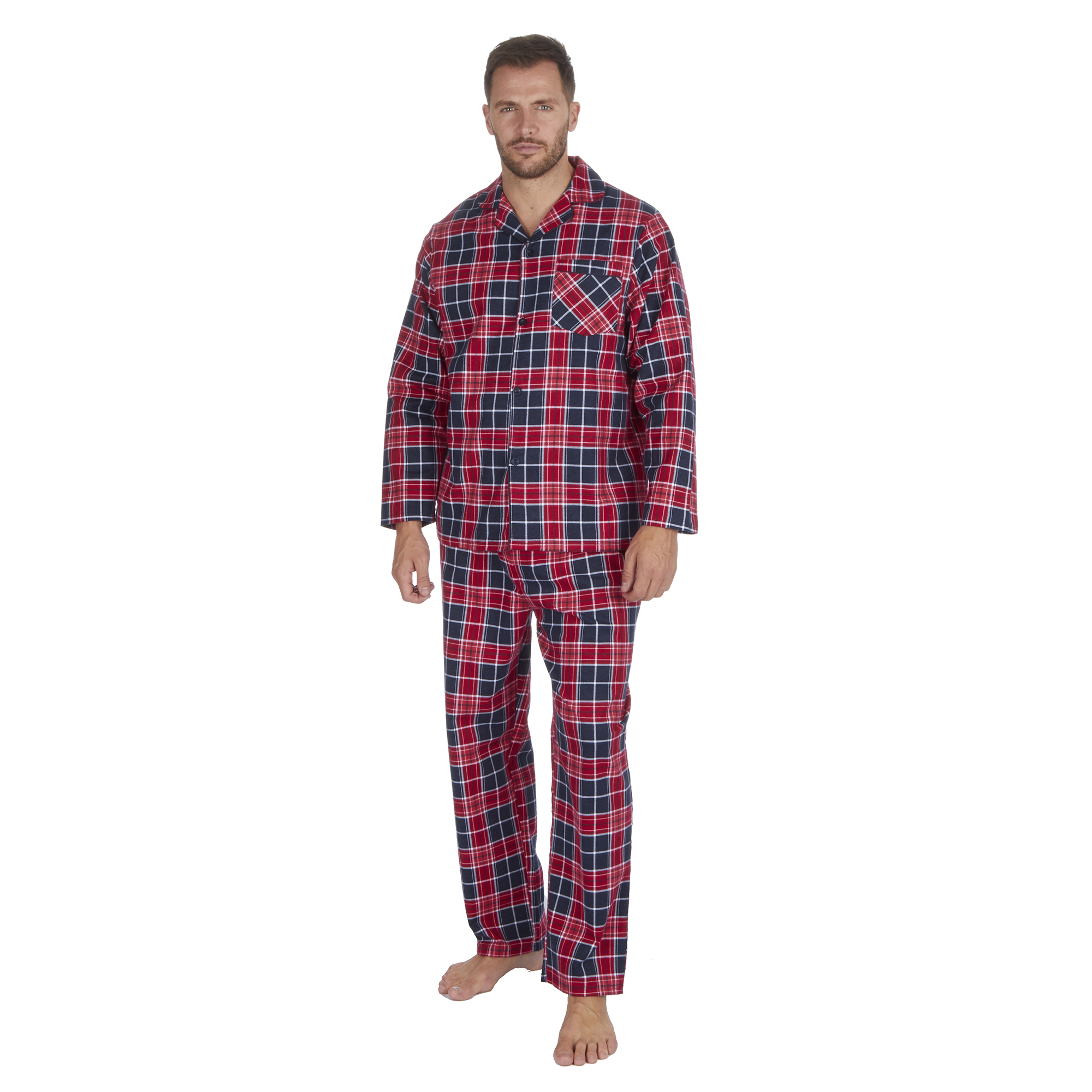 Mens 100% Cotton Flannel Check Pyjamas PJ Pajamas Set Buttons Chest ...