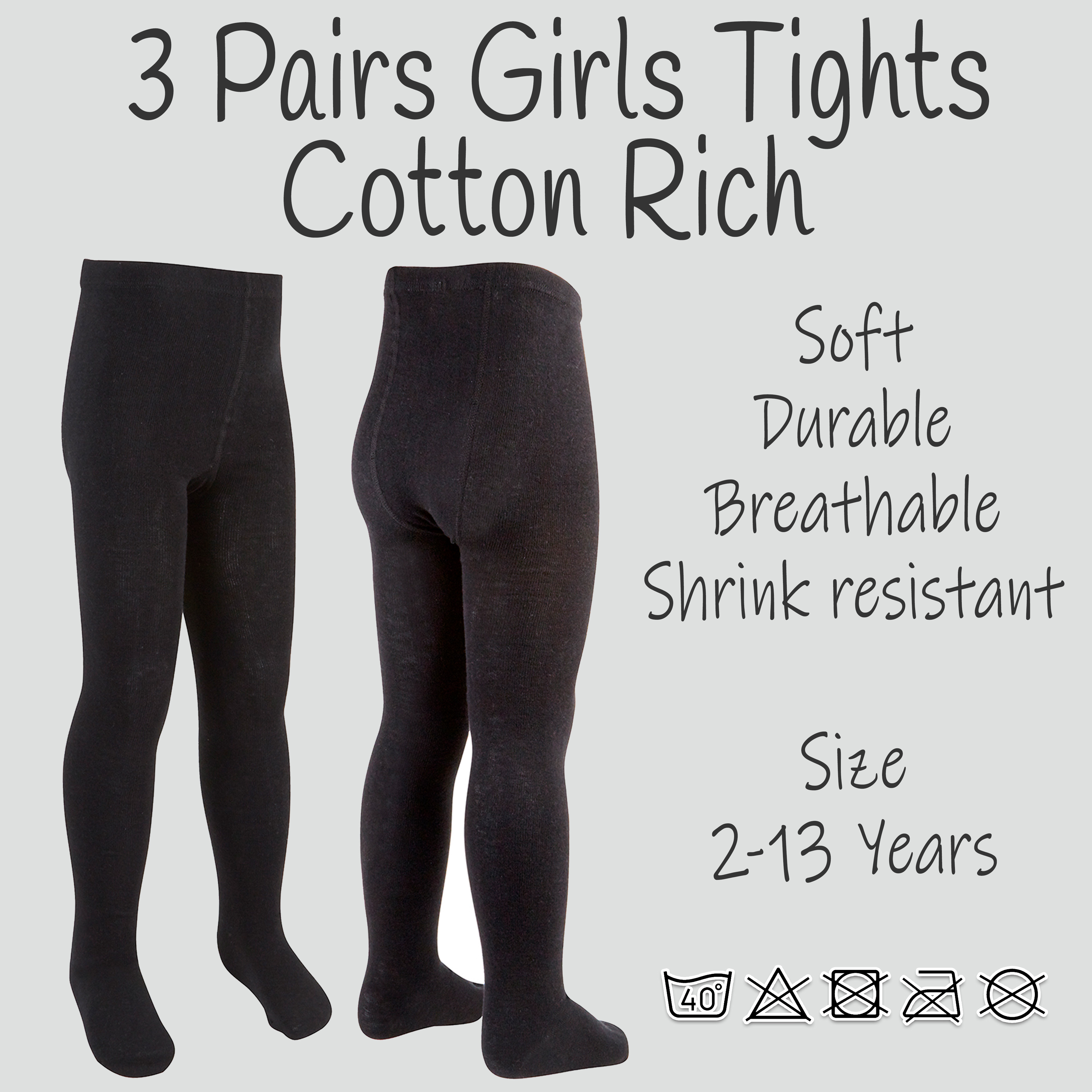 Girls Childrens 3 Pairs Plain Tights Back To School Everyday Cotton Rich UK  New 