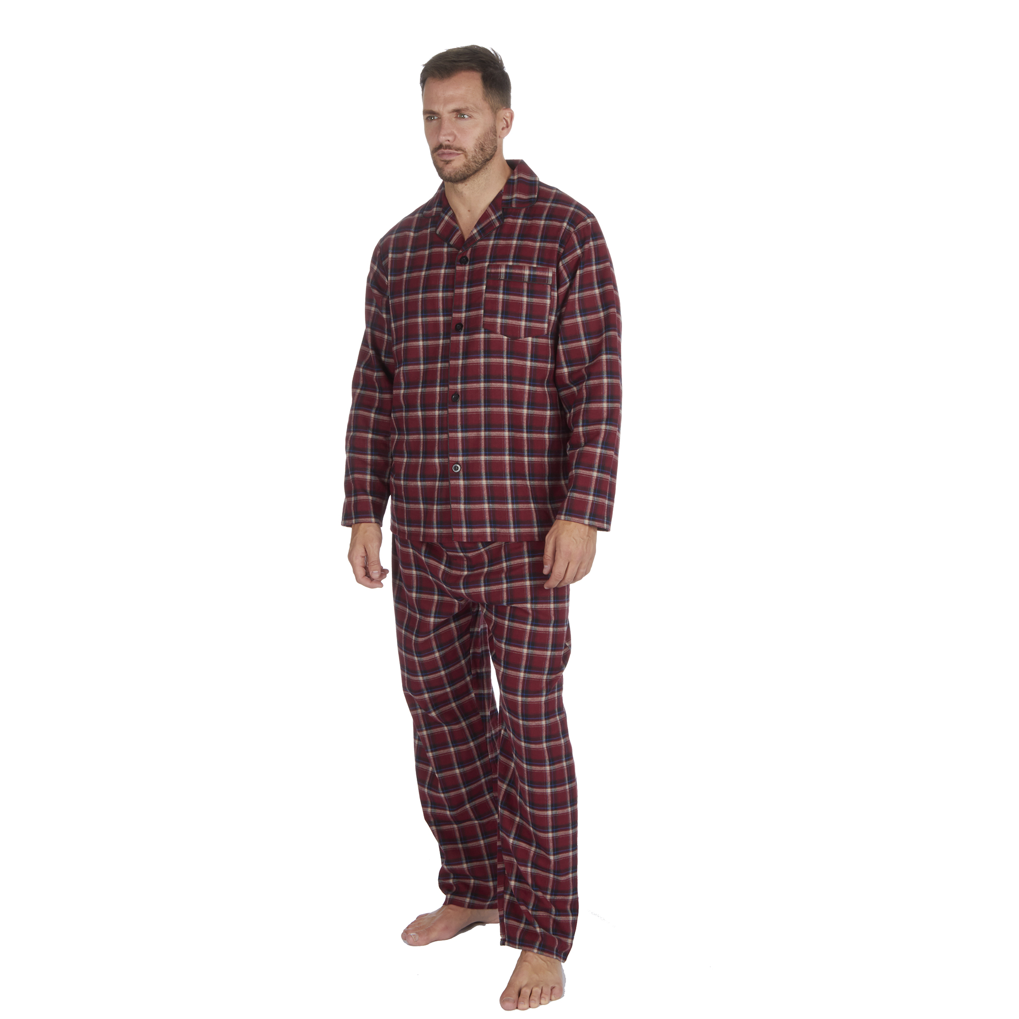 Mens PJ Cotton Yarn Flannel Checked Pajama Set Chest Pocket Long Sleeve ...