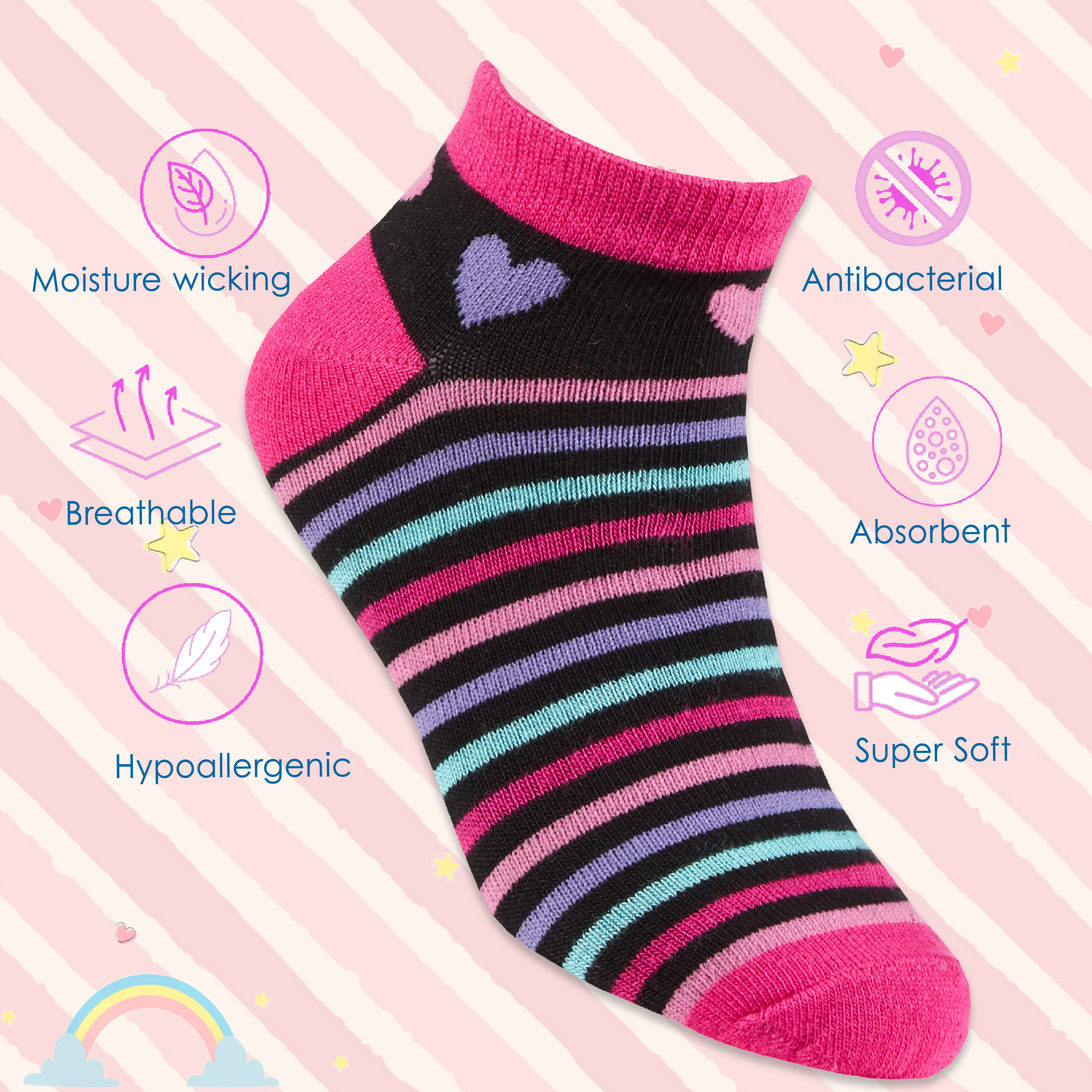 3 6 Pairs Kids Girls Bamboo Trainer Liner Low Cut Novelty Socks 6-8 9-12 12.5-3 - Picture 11 of 11