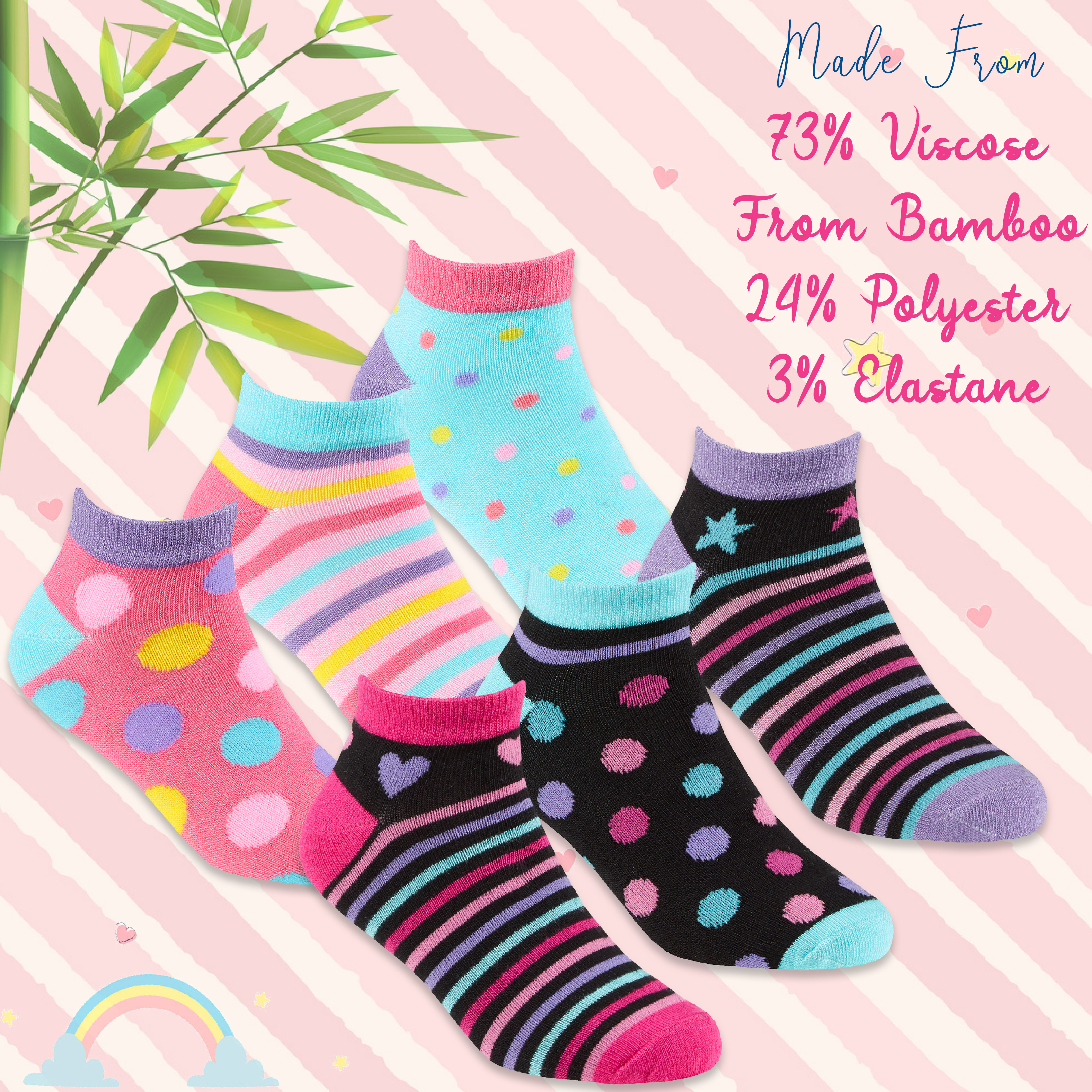 3 6 Pairs Kids Girls Bamboo Trainer Liner Low Cut Novelty Socks 6-8 9-12 12.5-3 - Picture 6 of 11