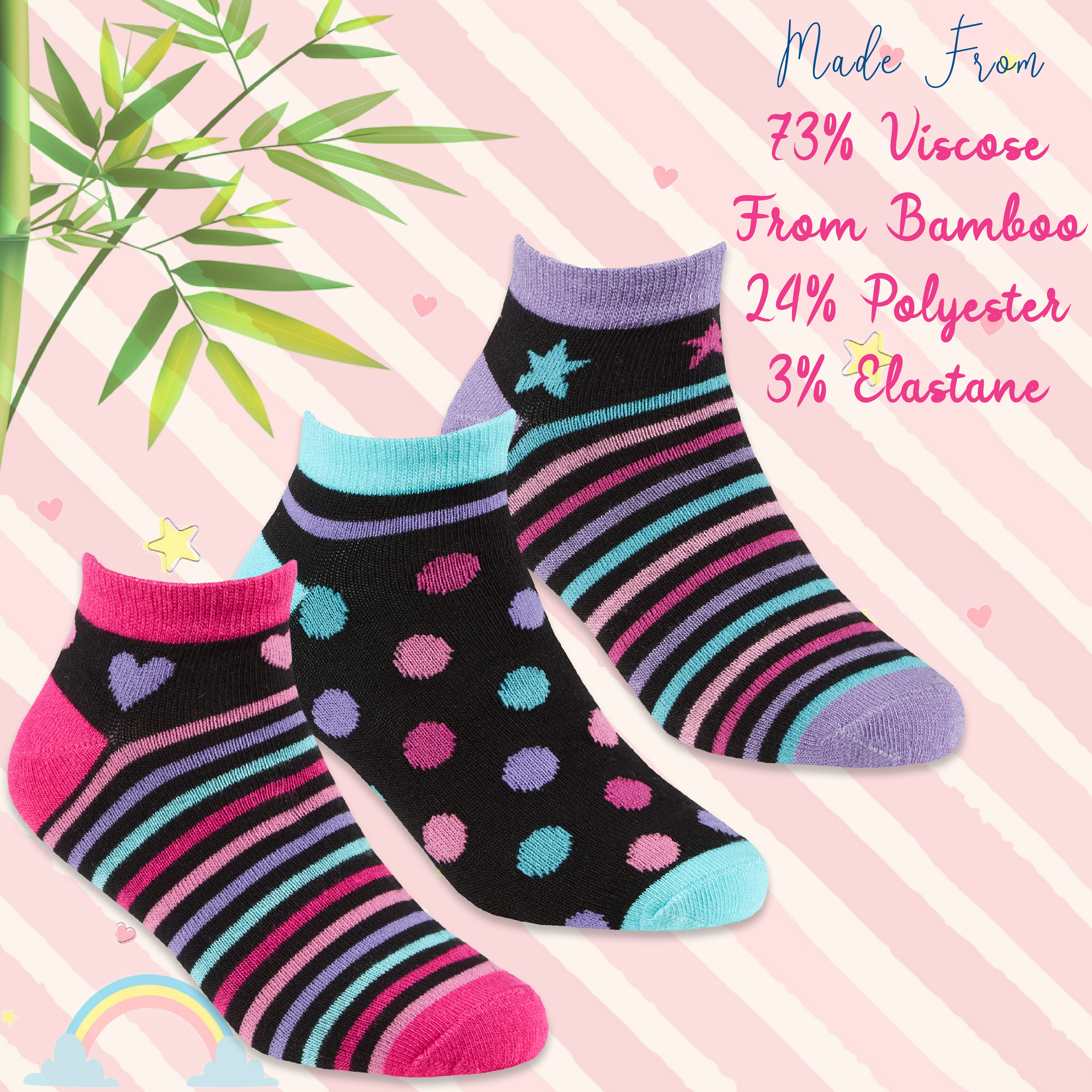 3 6 Pairs Kids Girls Bamboo Trainer Liner Low Cut Novelty Socks 6-8 9-12 12.5-3 - Picture 9 of 11