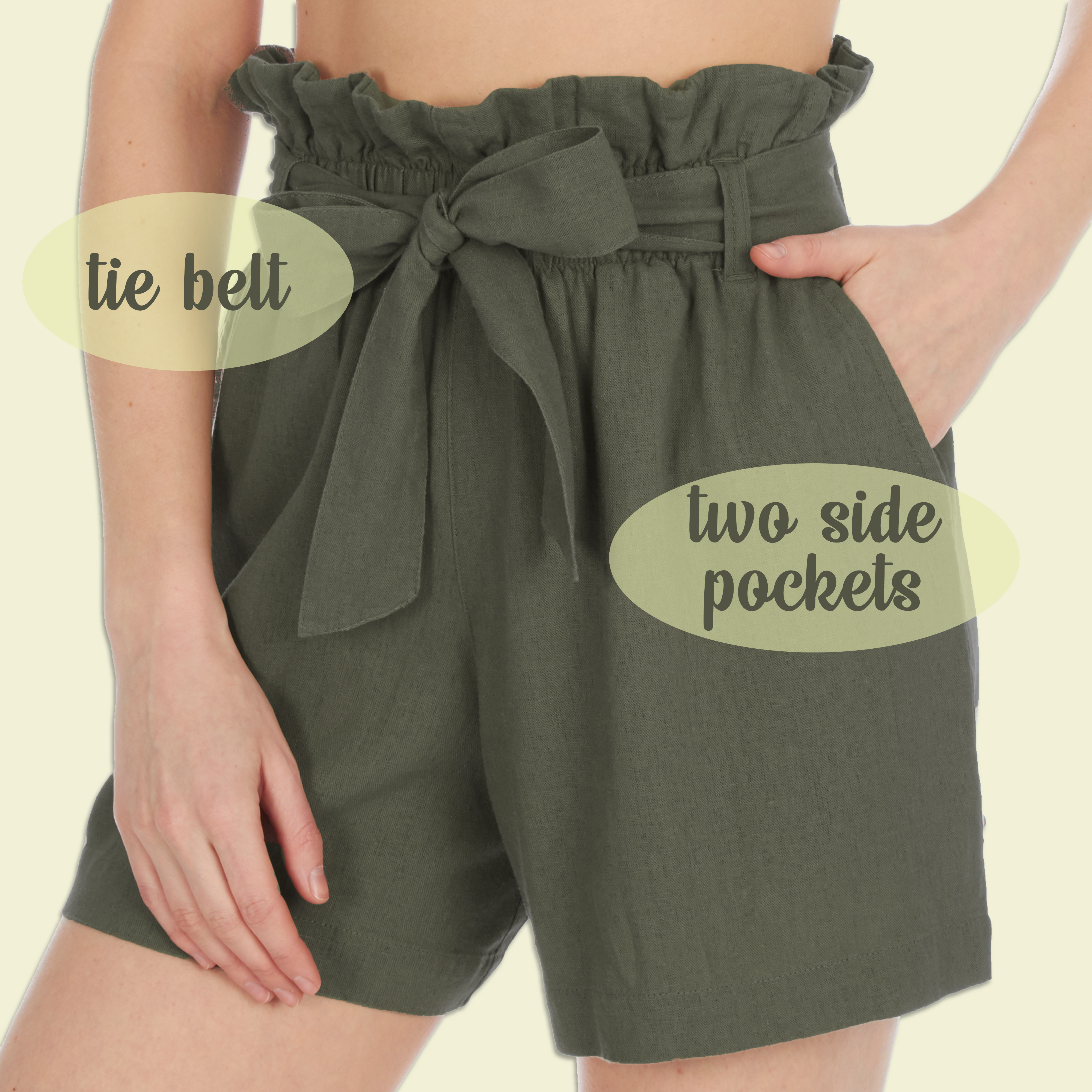 Ladies Womens High Waist Linen Blend Paperbag Elastic Shorts Tie Belt Size 10-20 | eBay