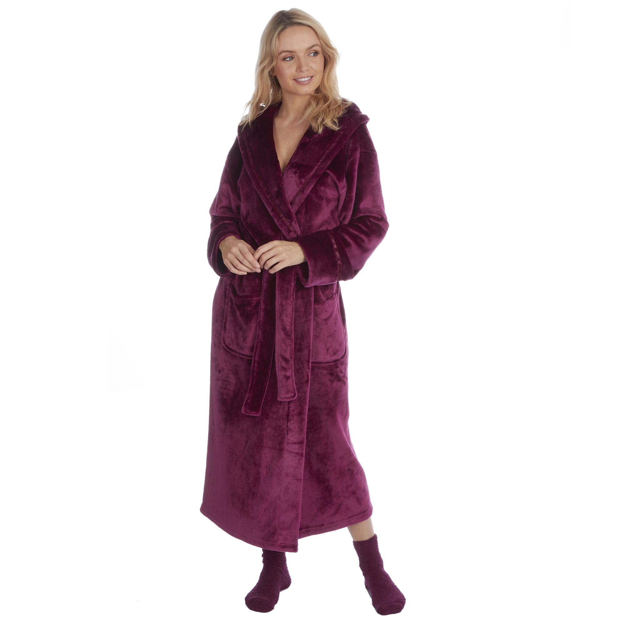 Ladies Long Length Luxury Shimmer Dressing Gown Fleece Hooded Robe ...