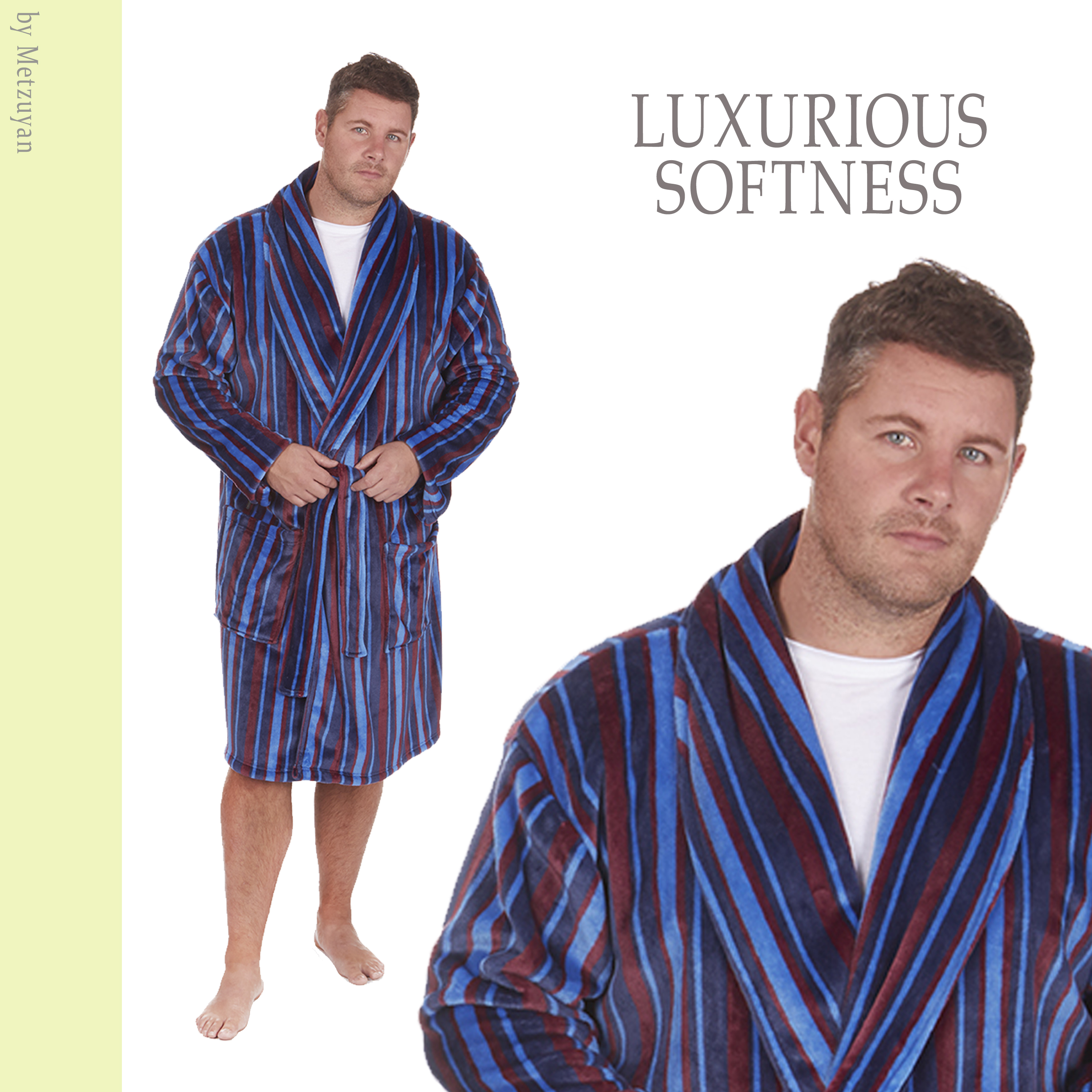 Mens Striped Dressing Gown Robe Shawl Nightwear Plus Size Fleece PIERRE ROCHE 