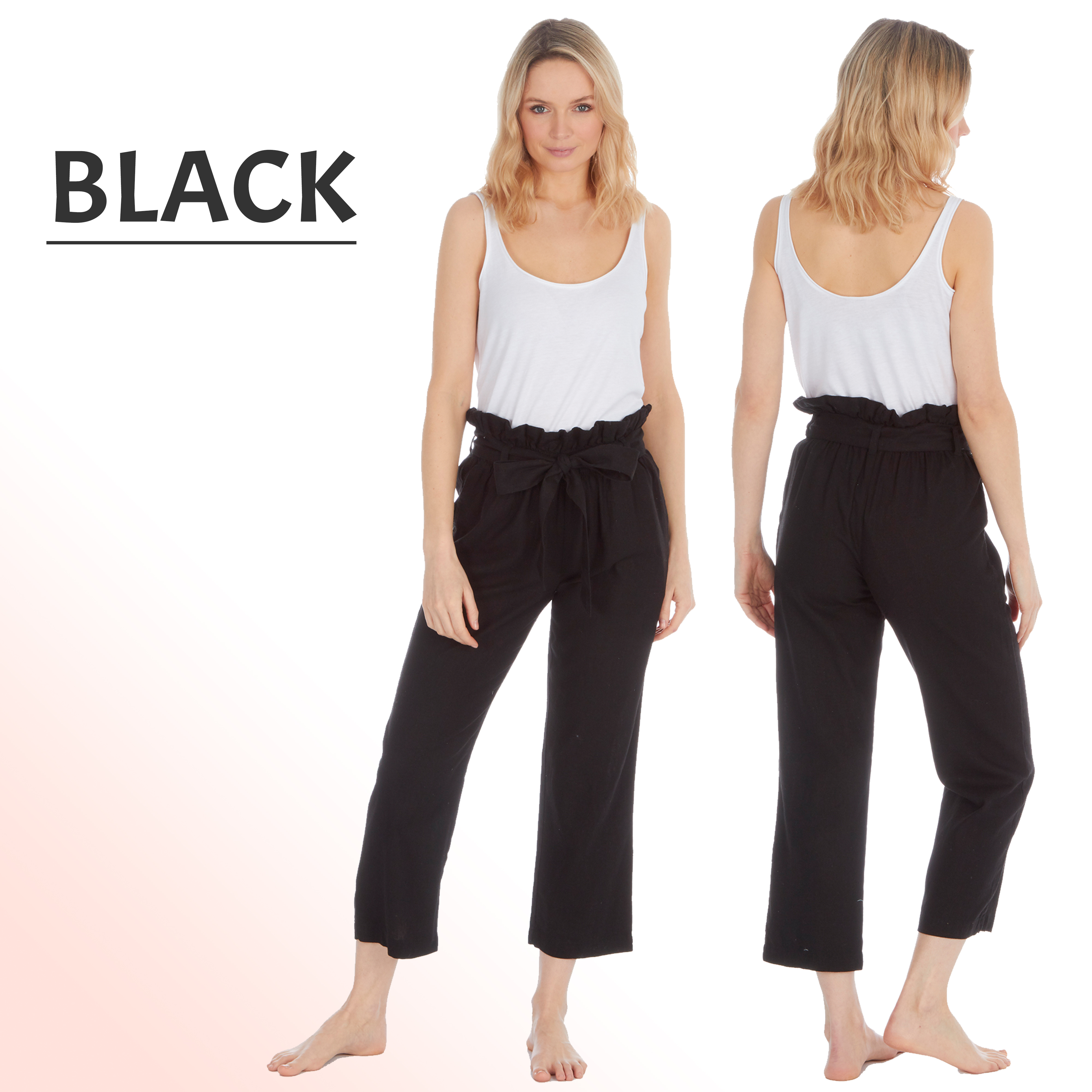 Ladies Womens Linen Blend Paperbag Trousers Crop Pants Bottoms Summer Size10-20