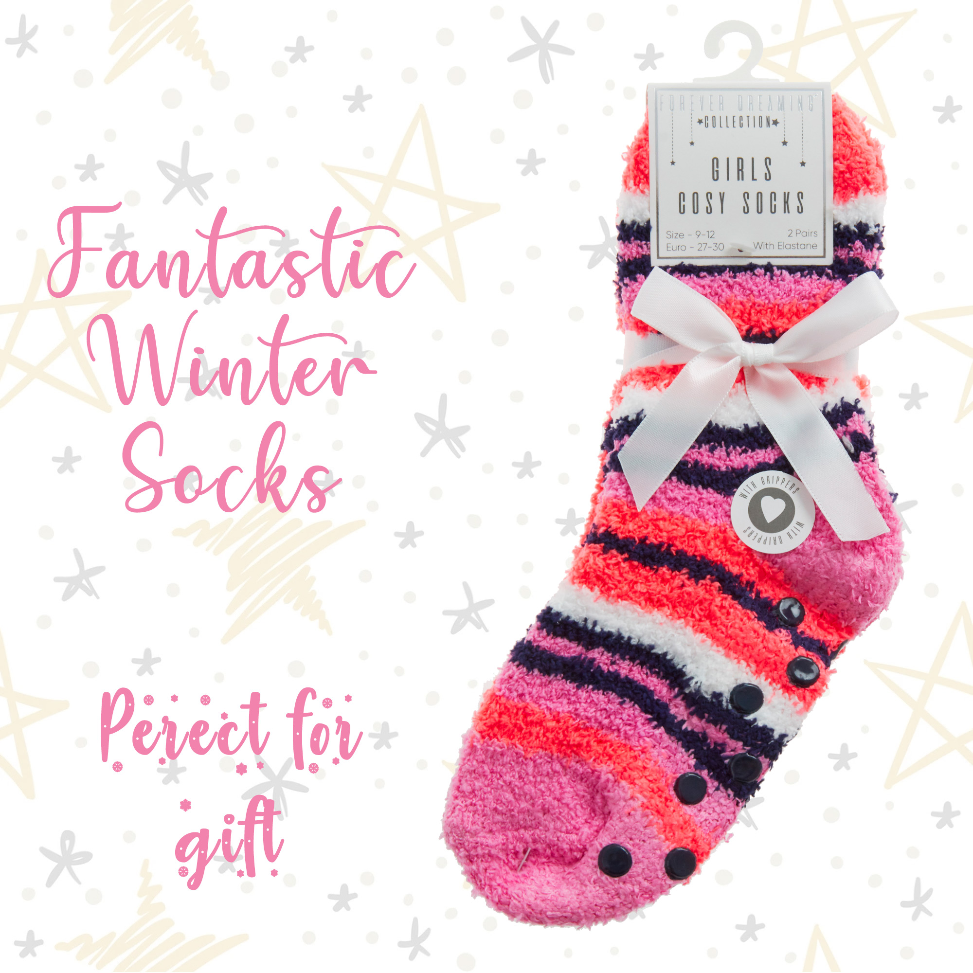 2 4 Pairs Kids Girls Fluffy Thermal Warm Striped Stars Winter Bed Socks Non Slip - Picture 12 of 14