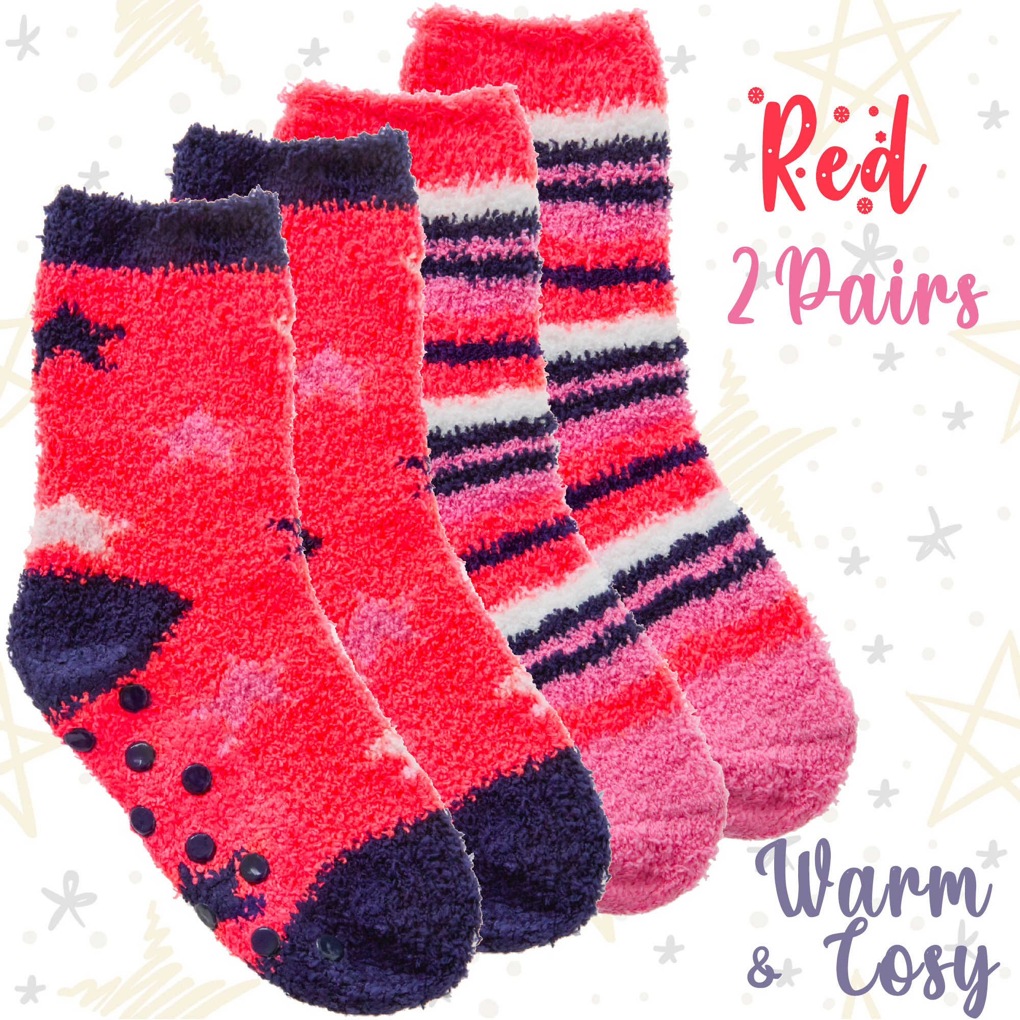 2 4 Pairs Kids Girls Fluffy Thermal Warm Striped Stars Winter Bed Socks Non Slip - Picture 11 of 14