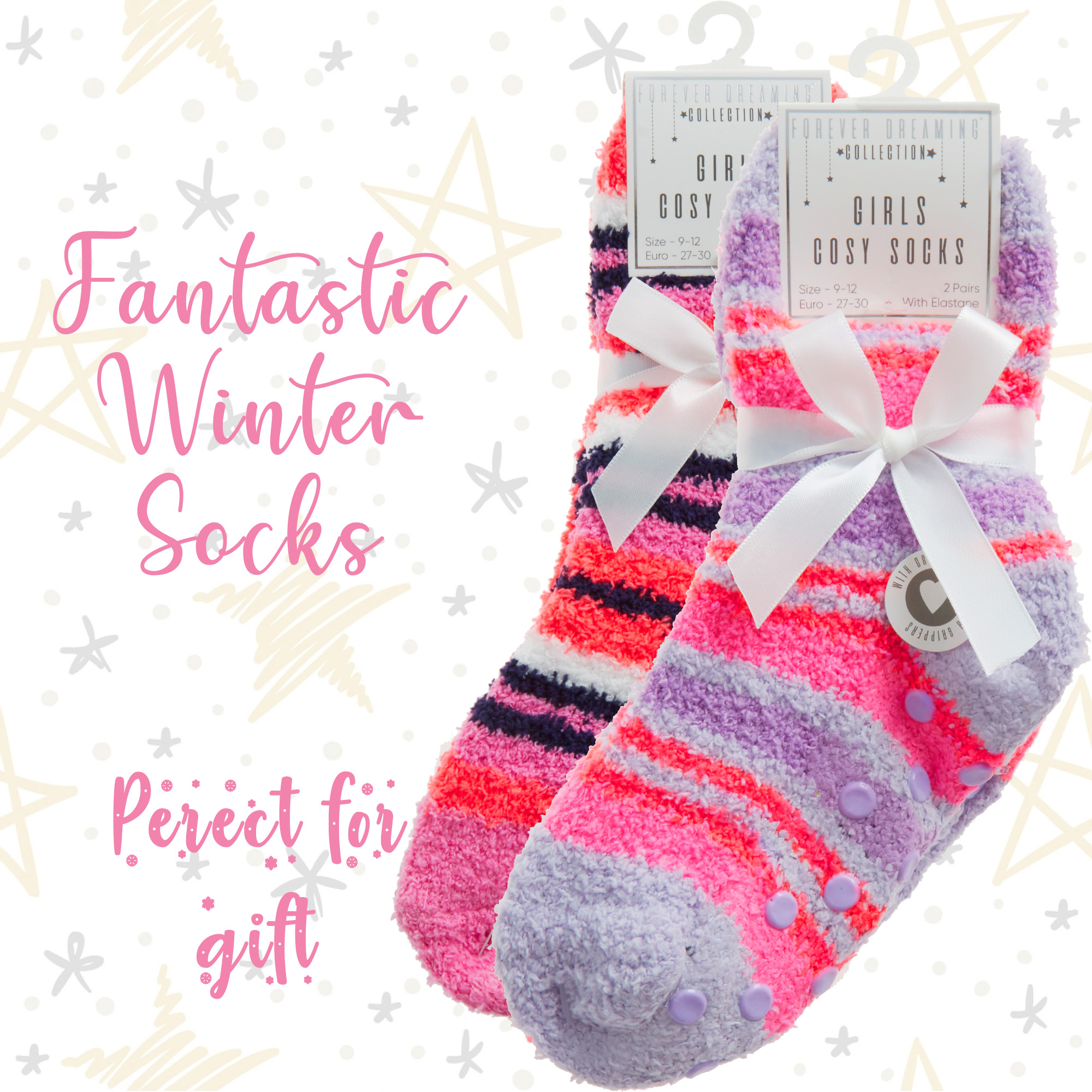 2 4 Pairs Kids Girls Fluffy Thermal Warm Striped Stars Winter Bed Socks Non Slip - Picture 8 of 14