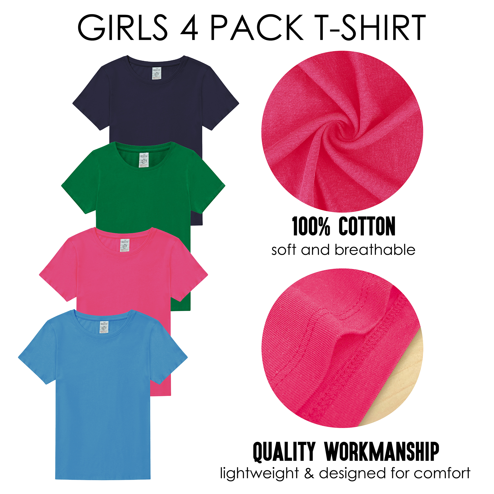 Girls T-Shirt 4 Pack Coloured 100% Cotton T-Shirts Tee Crew Neck Size 2-13 Years - Picture 7 of 9