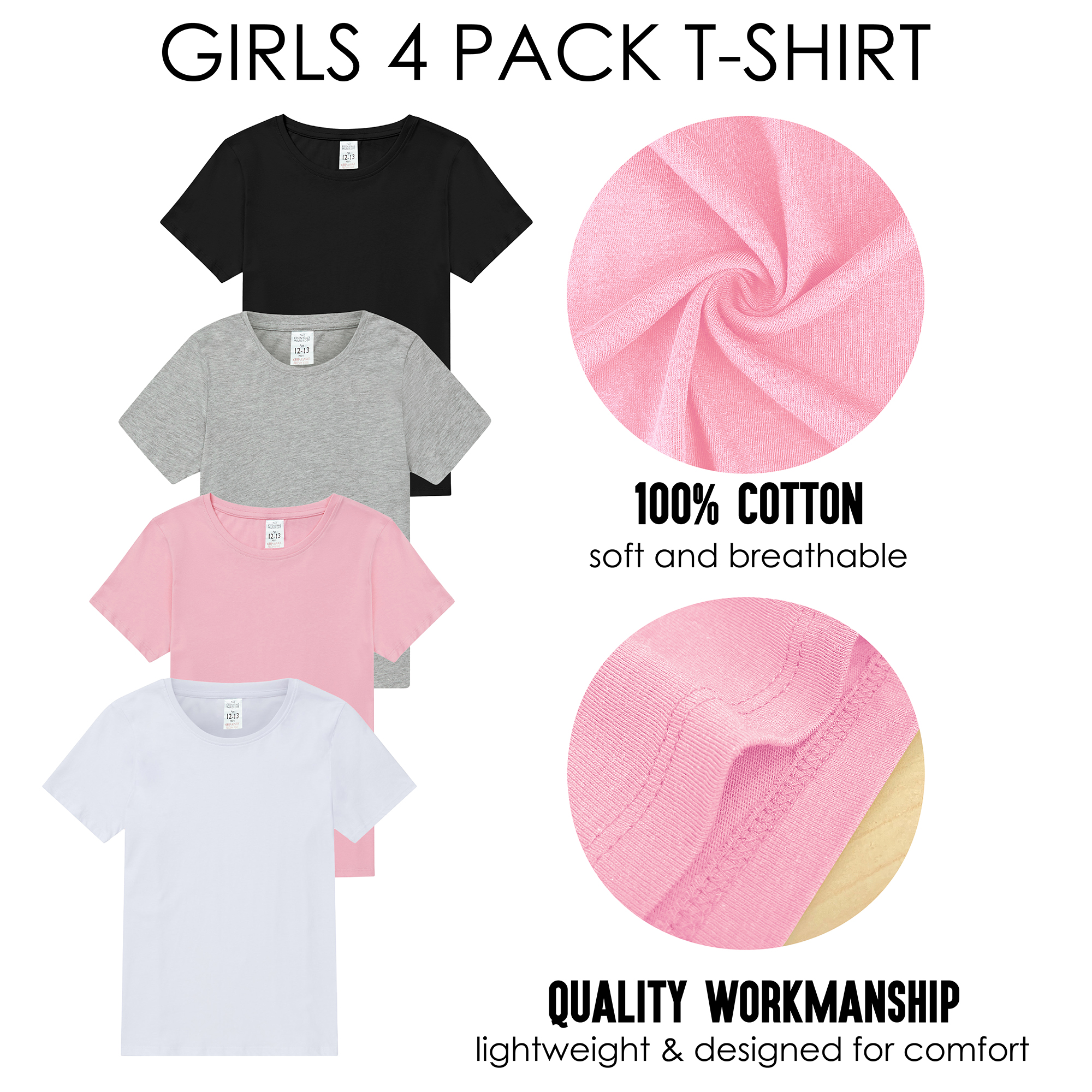 Girls T-Shirt 4 Pack Coloured 100% Cotton T-Shirts Tee Crew Neck Size 2-13 Years - Picture 9 of 9