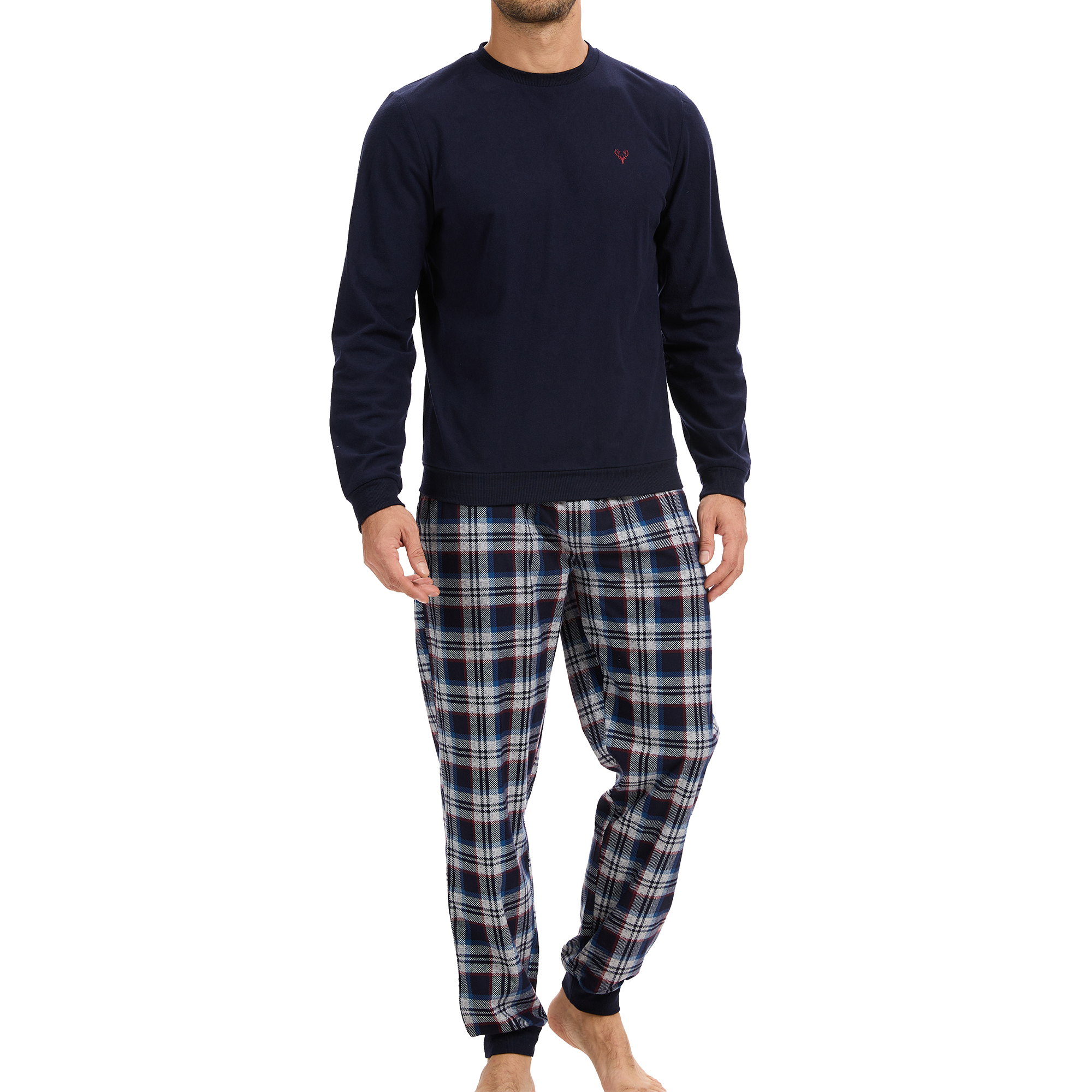 Mens Fleece Pyjama Set with Long Sleeve T-Shirt & Bottom Pants Sleepwear S-XL