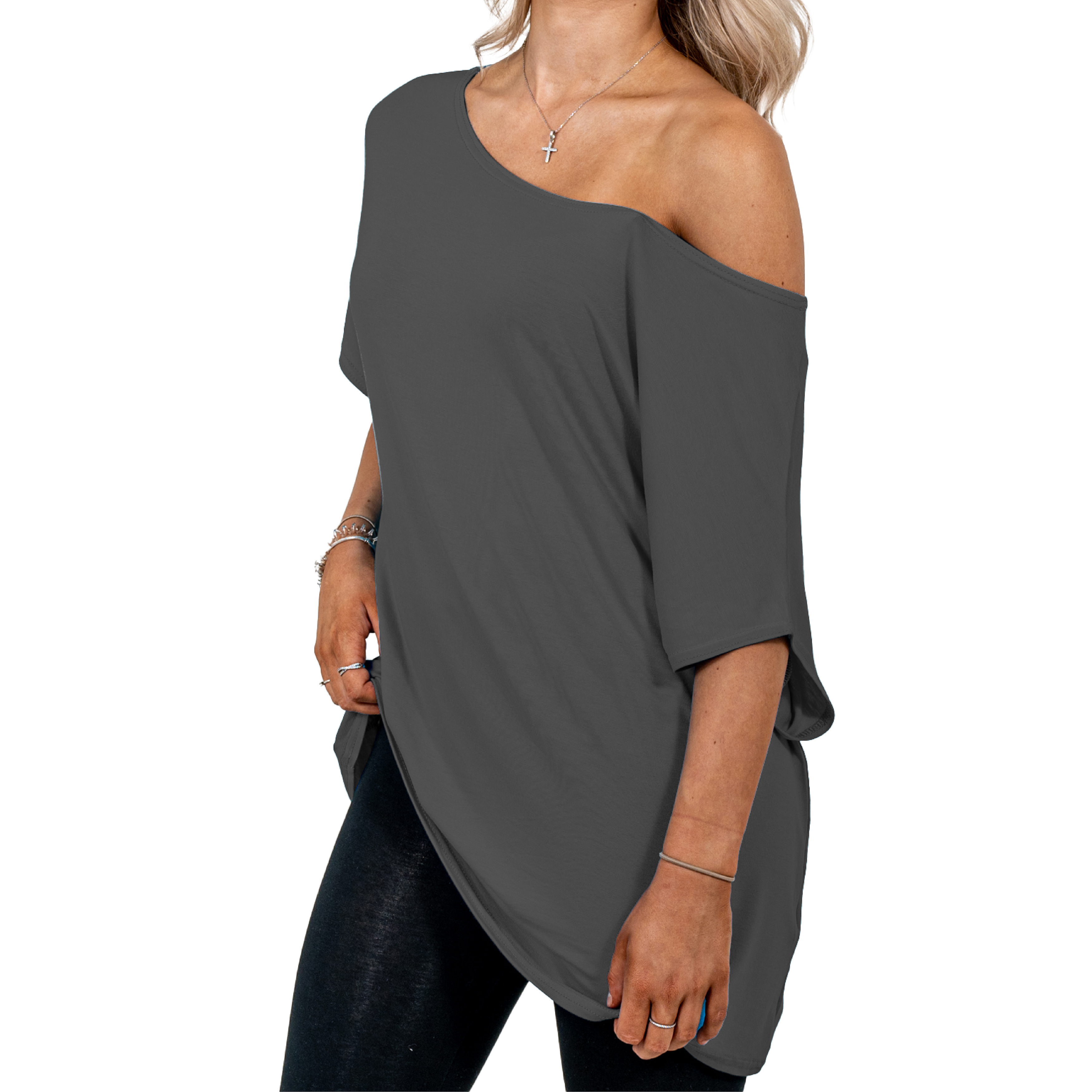 Ladies Top T-shirt Off The Shoulder Baggy Bardot Mini Top Plain Size 8-26 