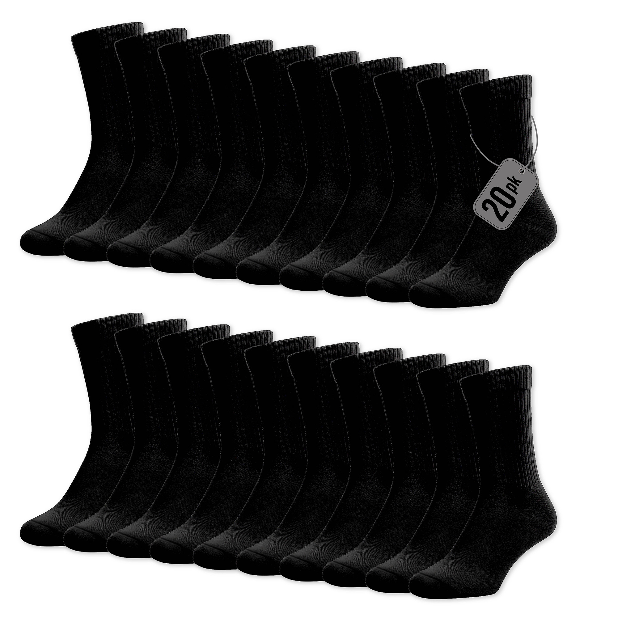 Mens Sports Socks 20 Pack Cushioned Athletic Cotton Rich Black White Crew Socks 