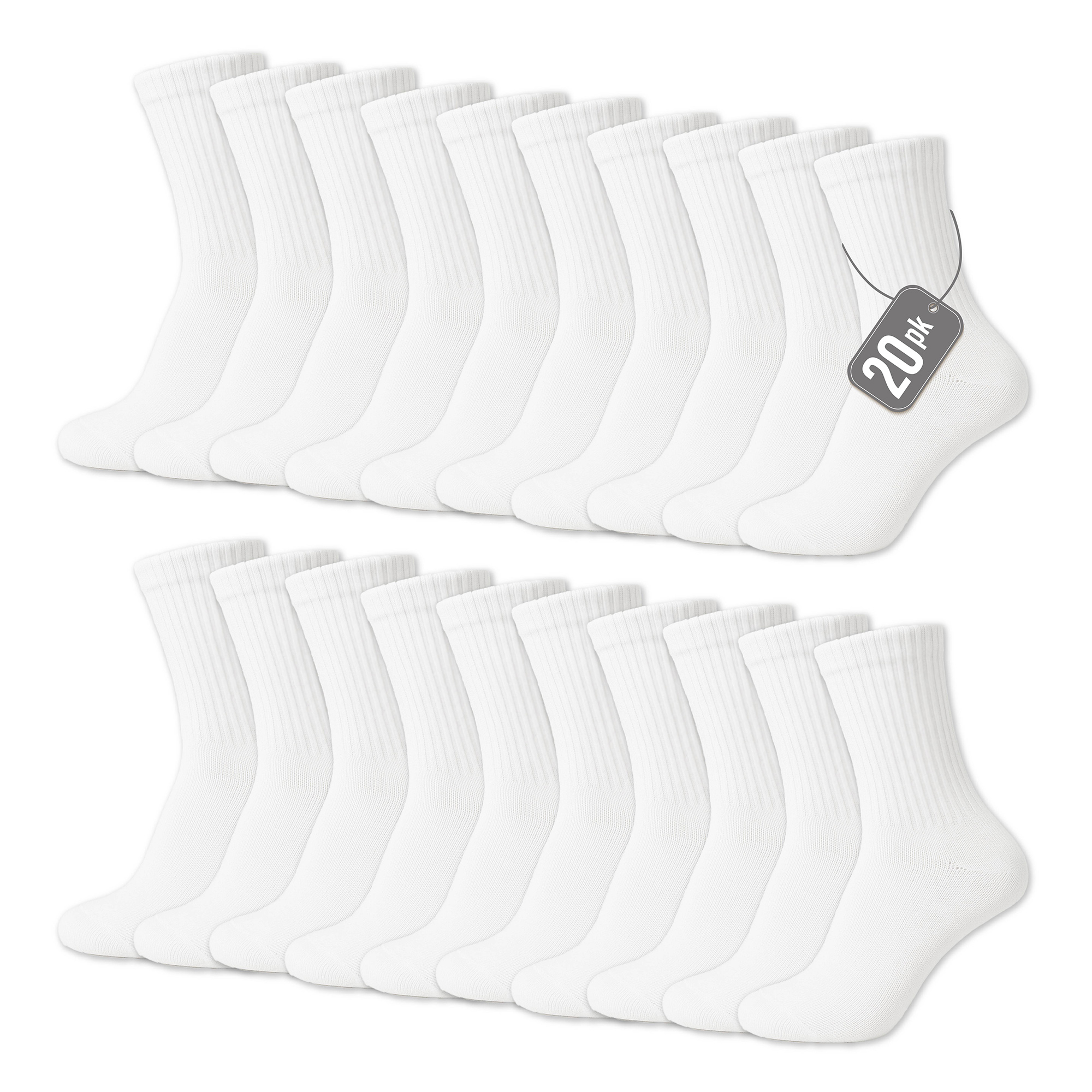 Mens Sports Socks 20 Pack Cushioned Athletic Cotton Rich Black White Crew Socks 