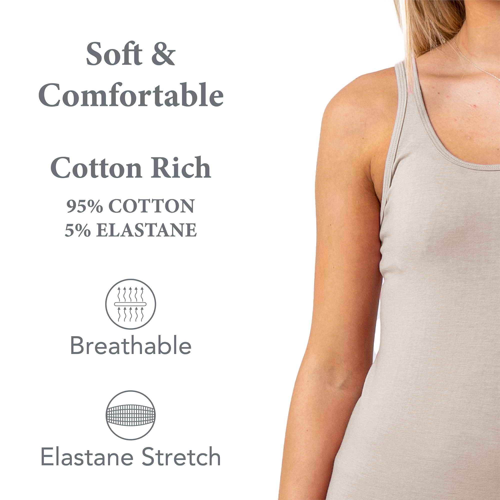 Ladies Vest Top Cami Long Line Top Soft Cotton Rich Elastane