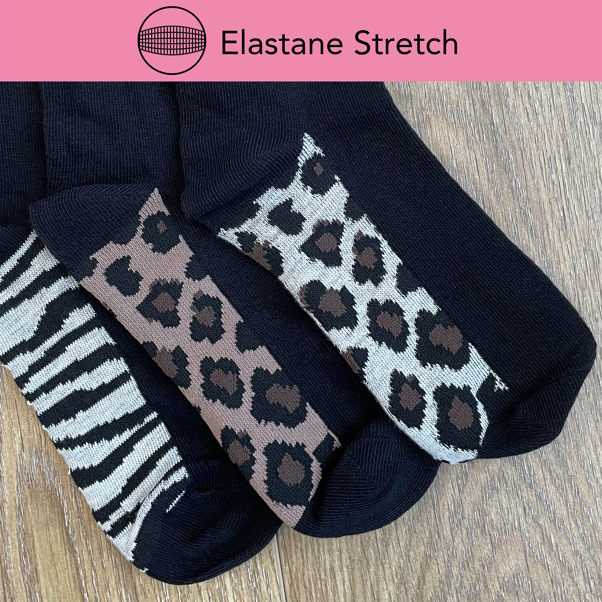 Ladies 5 Pack Leopard Design Socks Butterfly Footbed Cotton Rich Black Size 4-8 - Picture 12 of 13