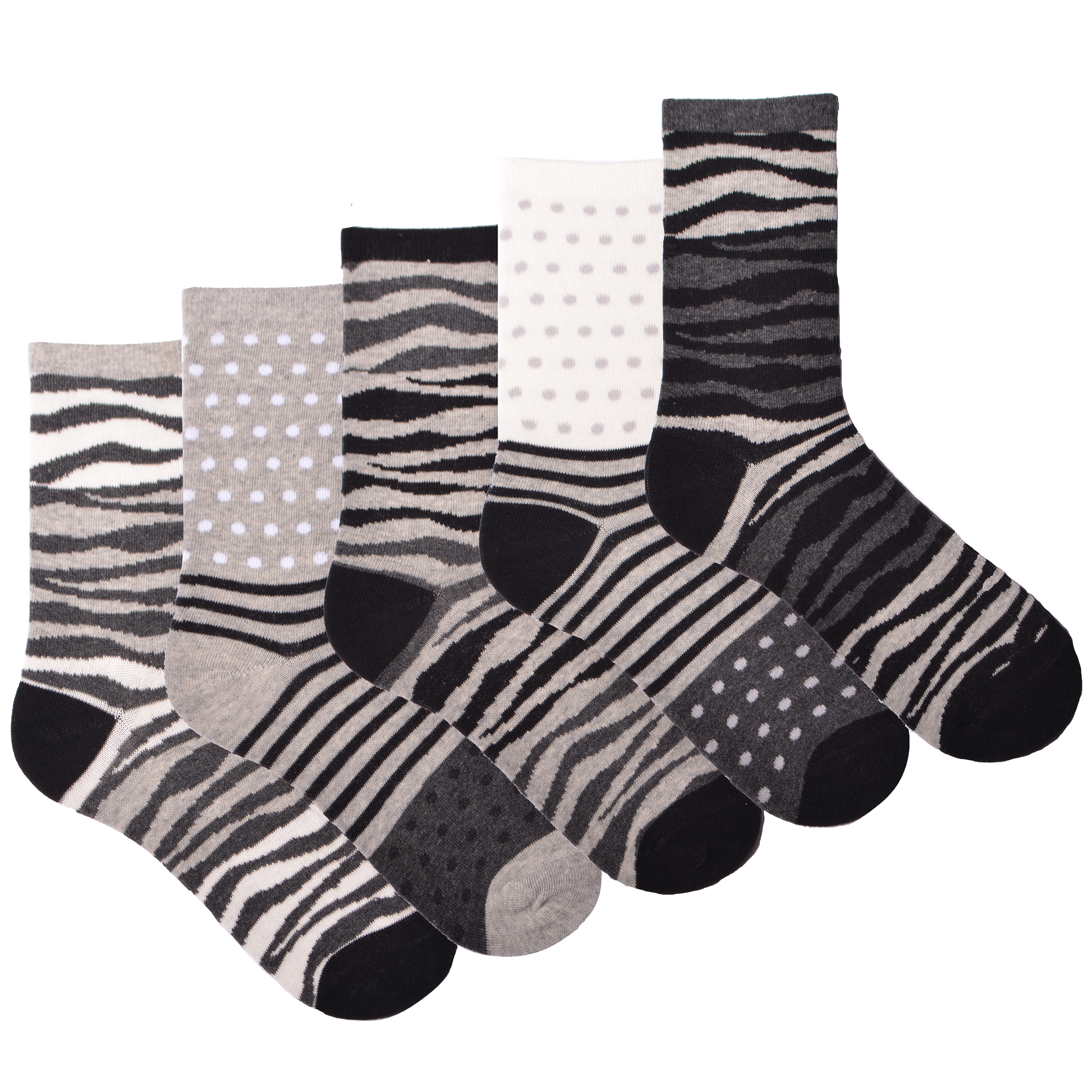 Ladies 5 Pack Socks Design Polka Dots Dog Black Pink Stripe Cotton Rich Size 4-8