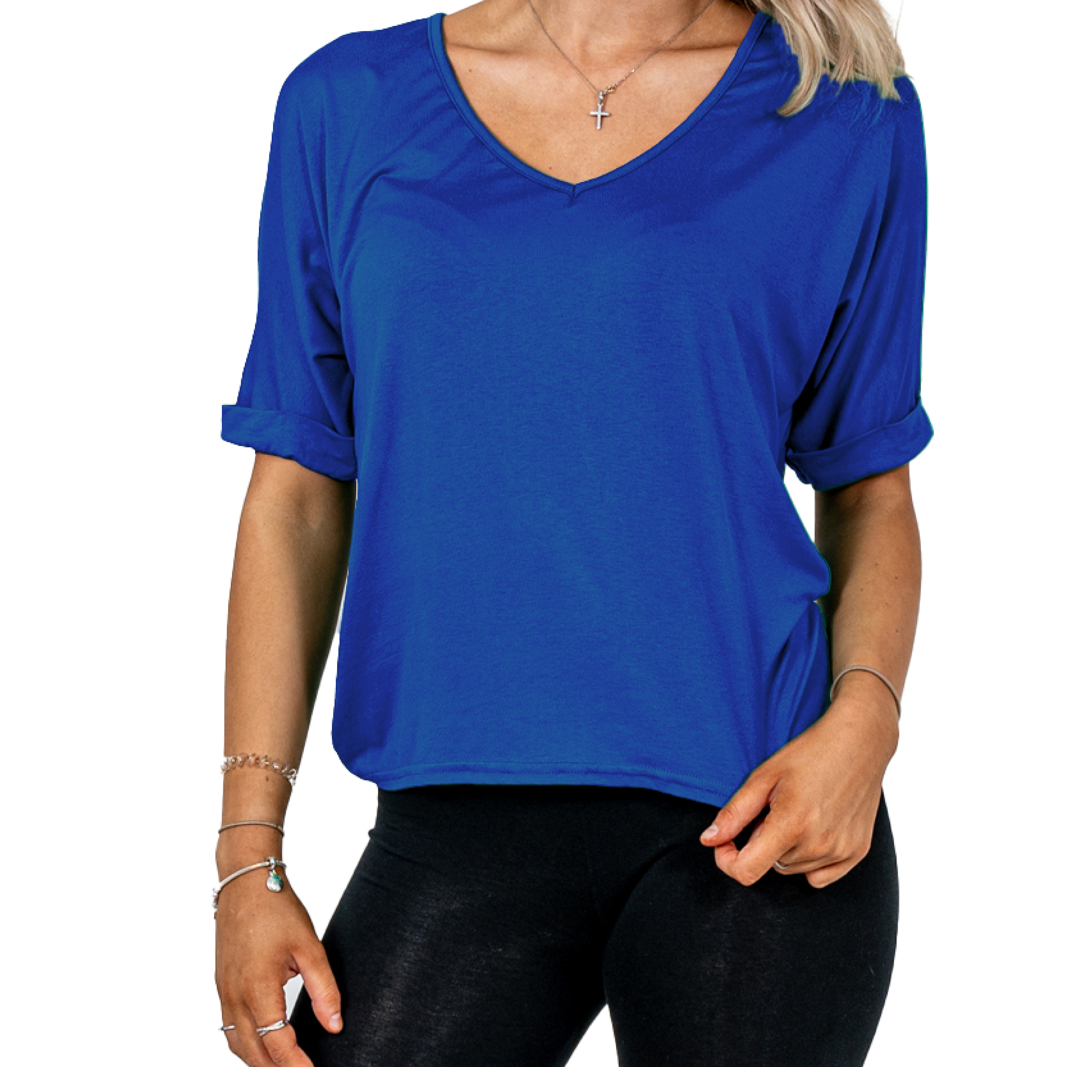 Ladies T shirt Batwing Top Oversized Loose Fit Turn up Sleeve V Neck Size  8-26