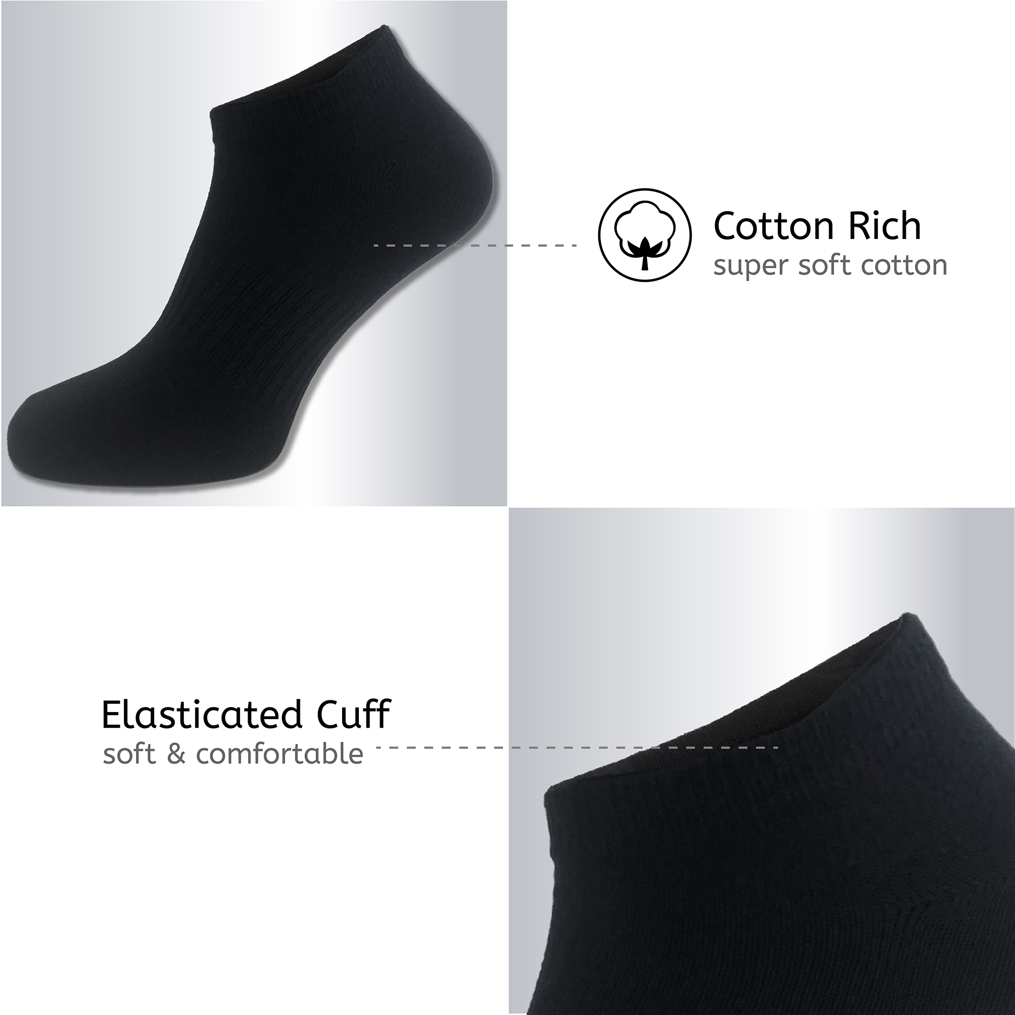 Mens Socks Trainer Liners 12 Pairs Ankle Socks Cotton Black Low Cut Sports 6-11 - Picture 2 of 5