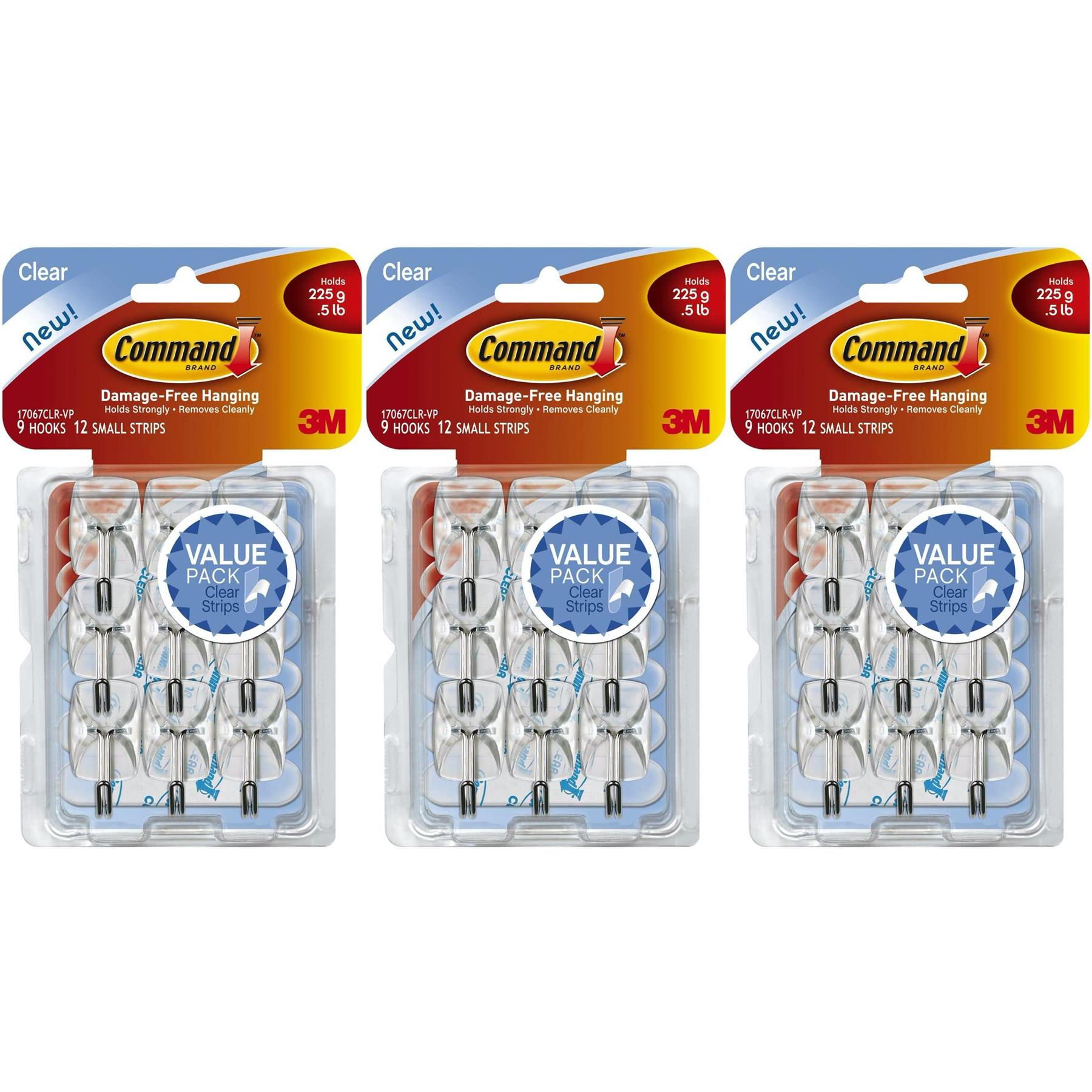 3M Command 9 Small Wire Hooks With 12 Strips - Damage Free - Clear